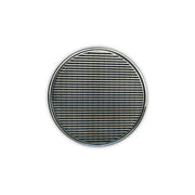 Round polished stainless steel drain grate with horizontal slot pattern and center drain opening.