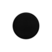 Matte black round drain cover with horizontal linear grate pattern and center opening.