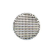 Round satin stainless steel drain cover with center drain opening and horizontal slat pattern.