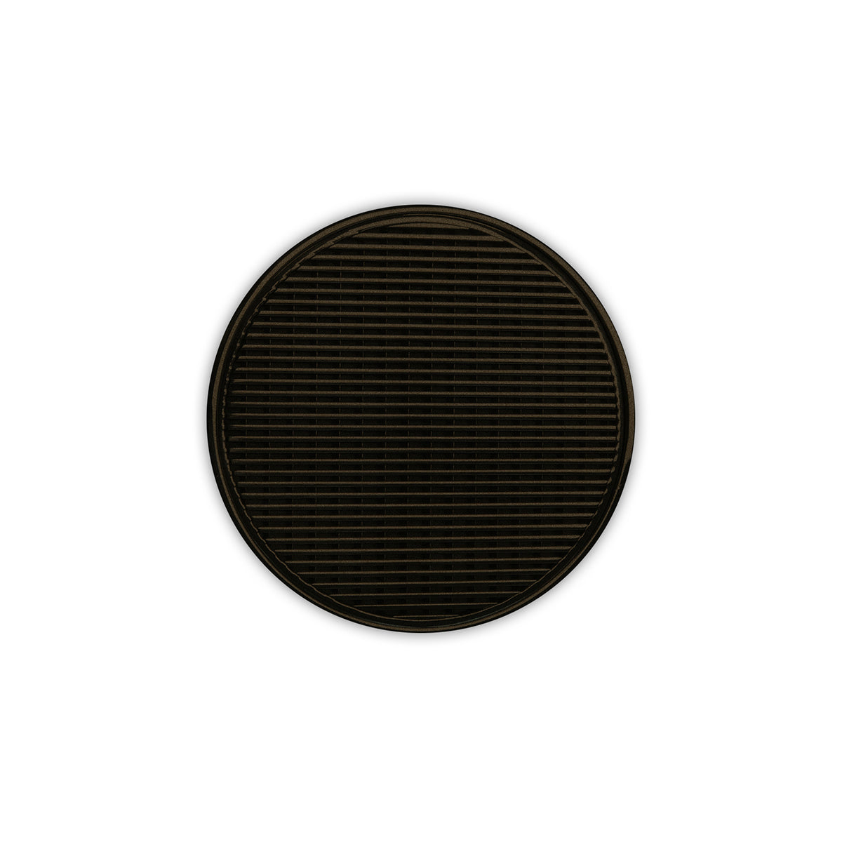 Round oil rubbed bronze drain cover with horizontal slat pattern and center drain opening.