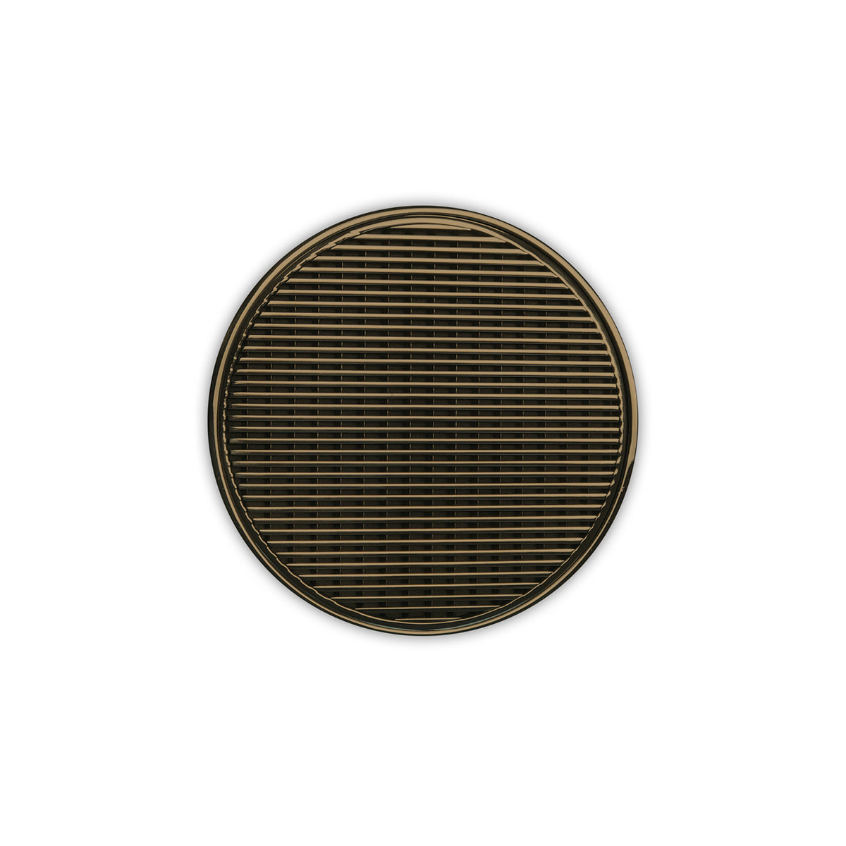 Round satin bronze drain grate with horizontal slat pattern and raised outer ring.