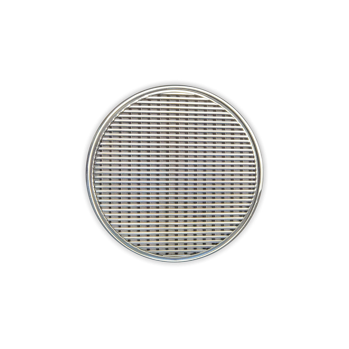 Round satin stainless steel drain cover with center opening and linear grate pattern.