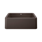 Cafe brown apron front kitchen sink with rounded corners and single basin.