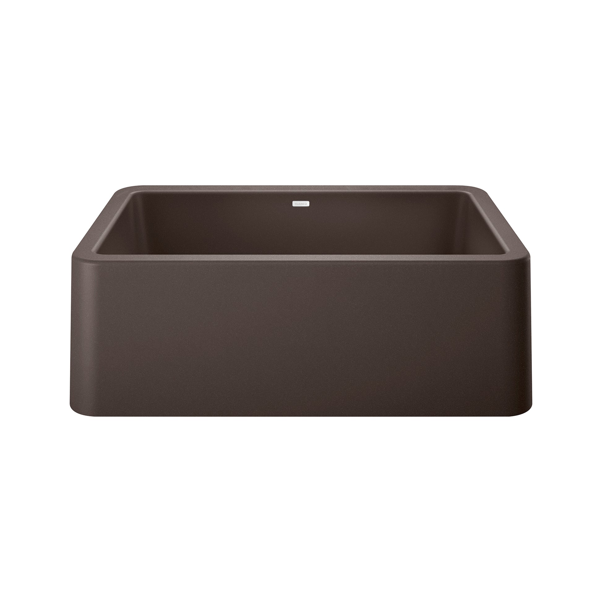 Cafe brown apron front kitchen sink with rounded corners and single basin.