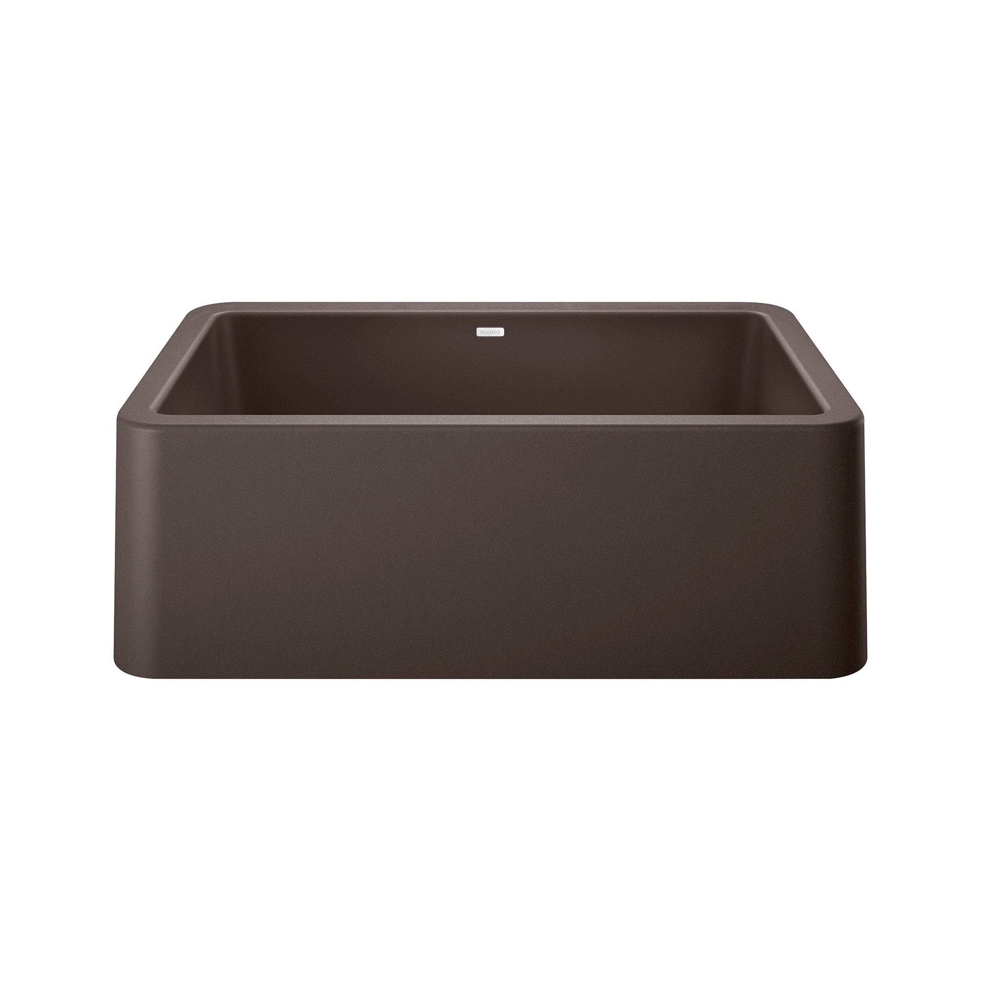 Cafe brown apron front kitchen sink with rounded corners and single basin.