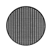 Round matte black drain cover with grid pattern and center opening.