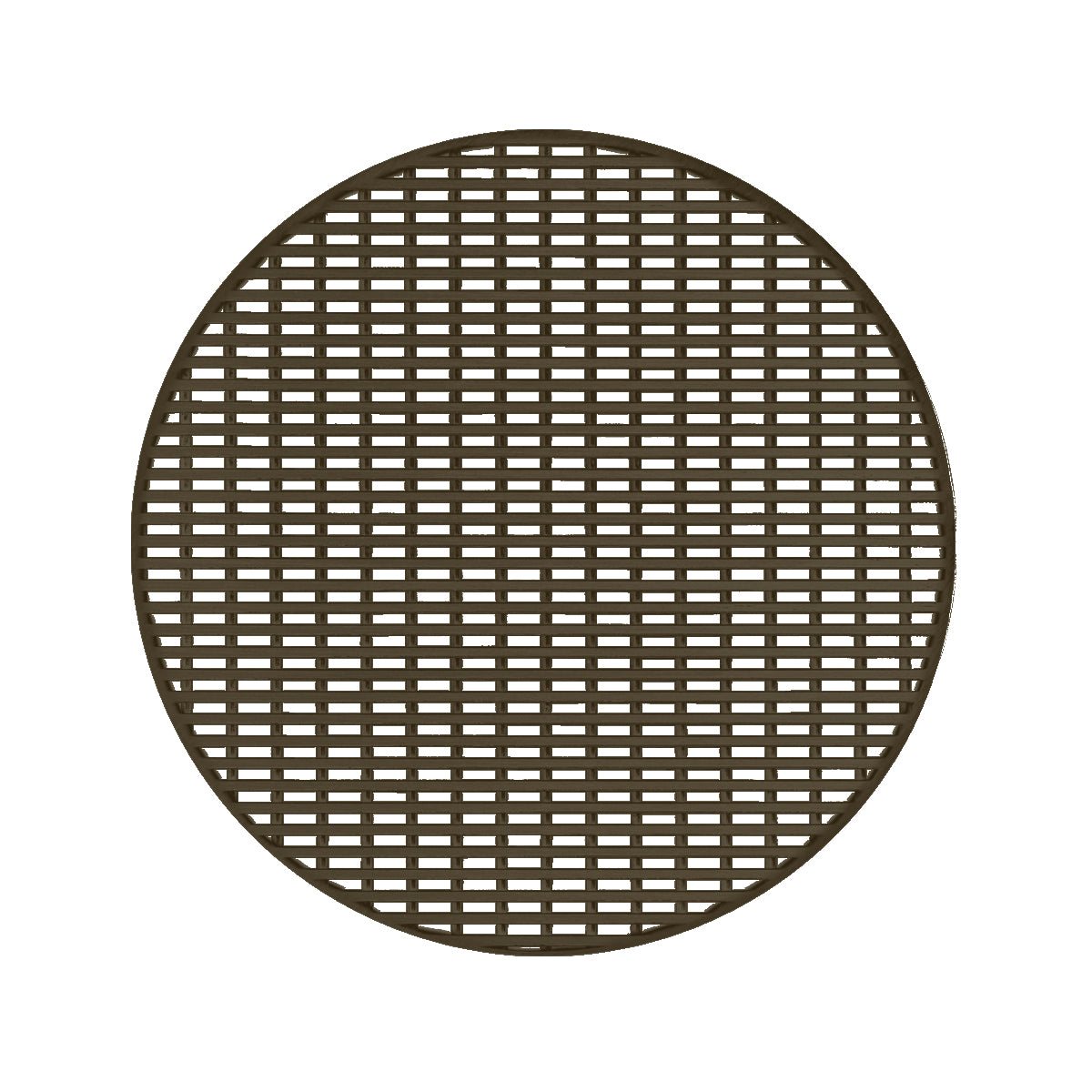 Round oil rubbed bronze drain cover with grid pattern, 5 inches diameter.
