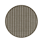 Round oil rubbed bronze drain cover with grid pattern, 5 inches diameter.