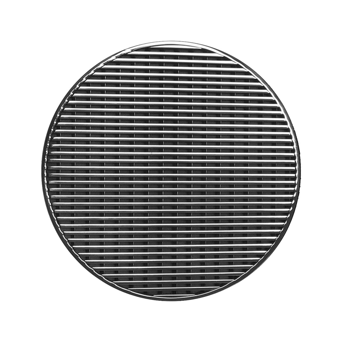 Round polished stainless steel drain cover with horizontal slat pattern and center opening.