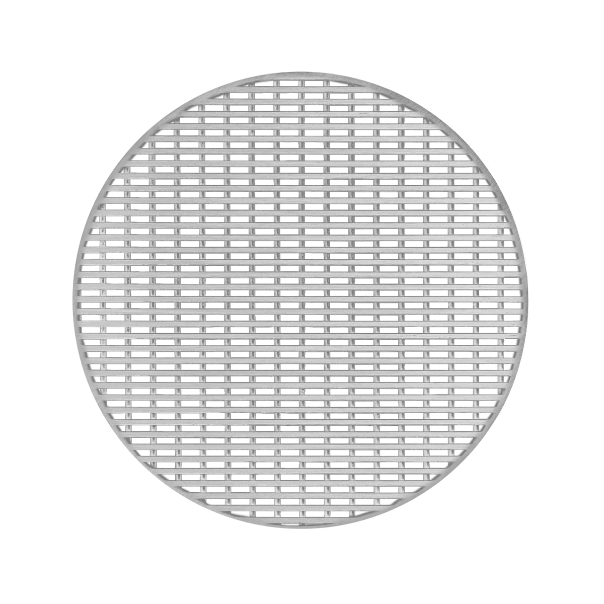 Round satin stainless steel drain cover with grid pattern and center opening.