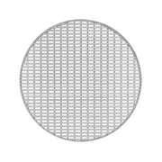 Round satin stainless steel drain cover with grid pattern and center opening.