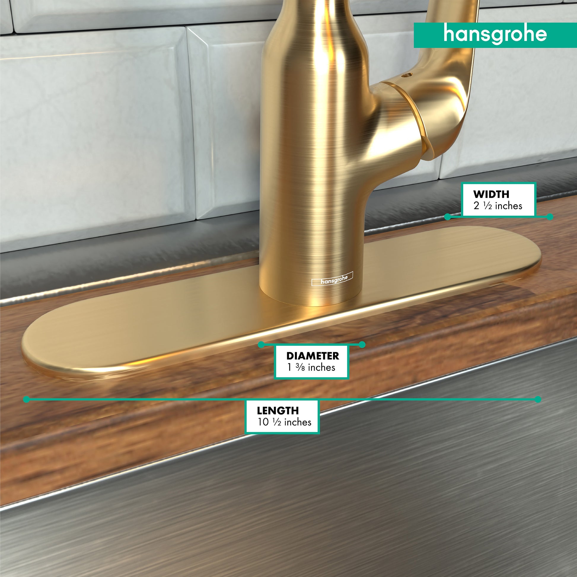 Brushed gold optic base plate for single-hole kitchen faucet, 10.5 inches long with 1.625 inch diameter opening.