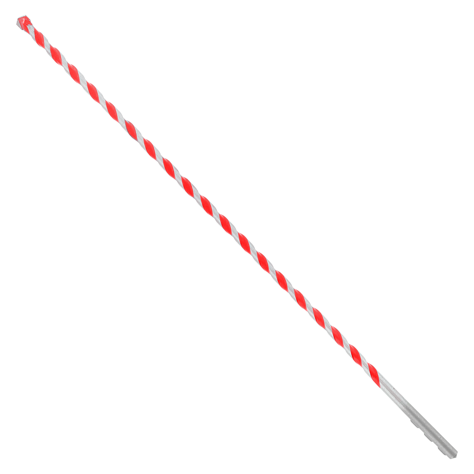 Red and white striped carbide-tipped hammer drill bit with gray shank against white background.