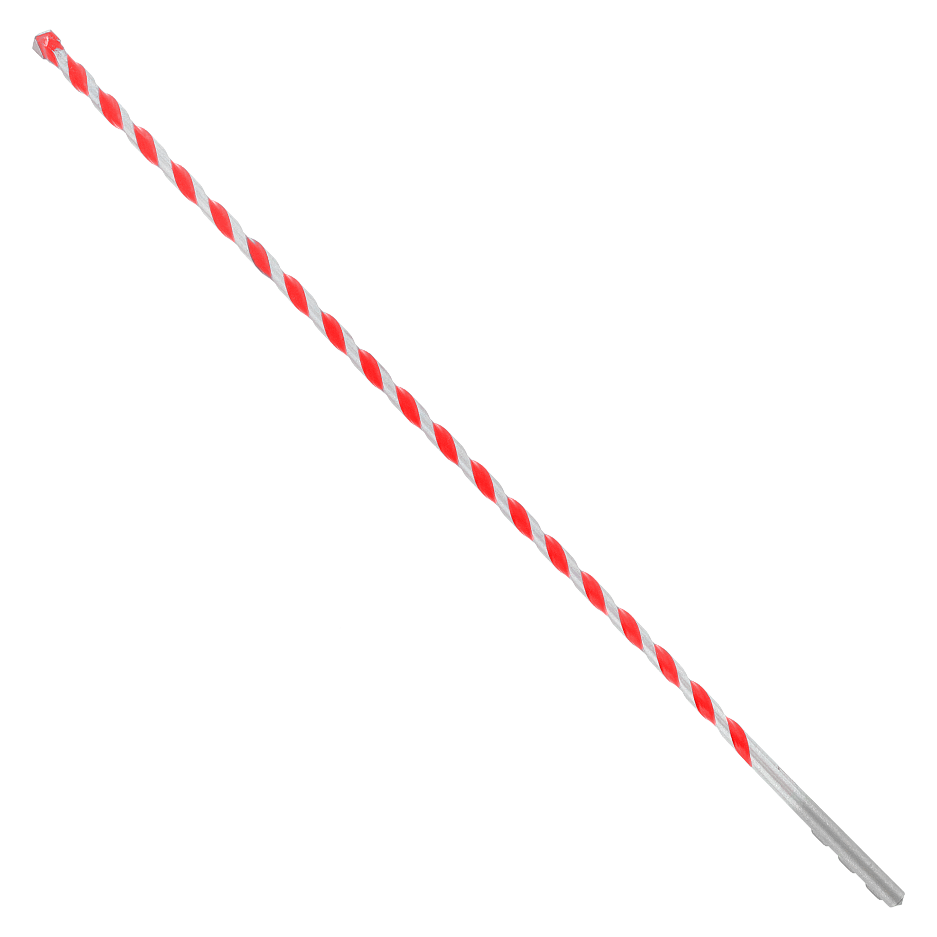 Red and white striped carbide-tipped hammer drill bit with gray shank against white background.