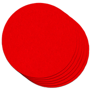 Stack of red 6-inch circular sanding discs with visible edges showing multiple pieces in the pack.