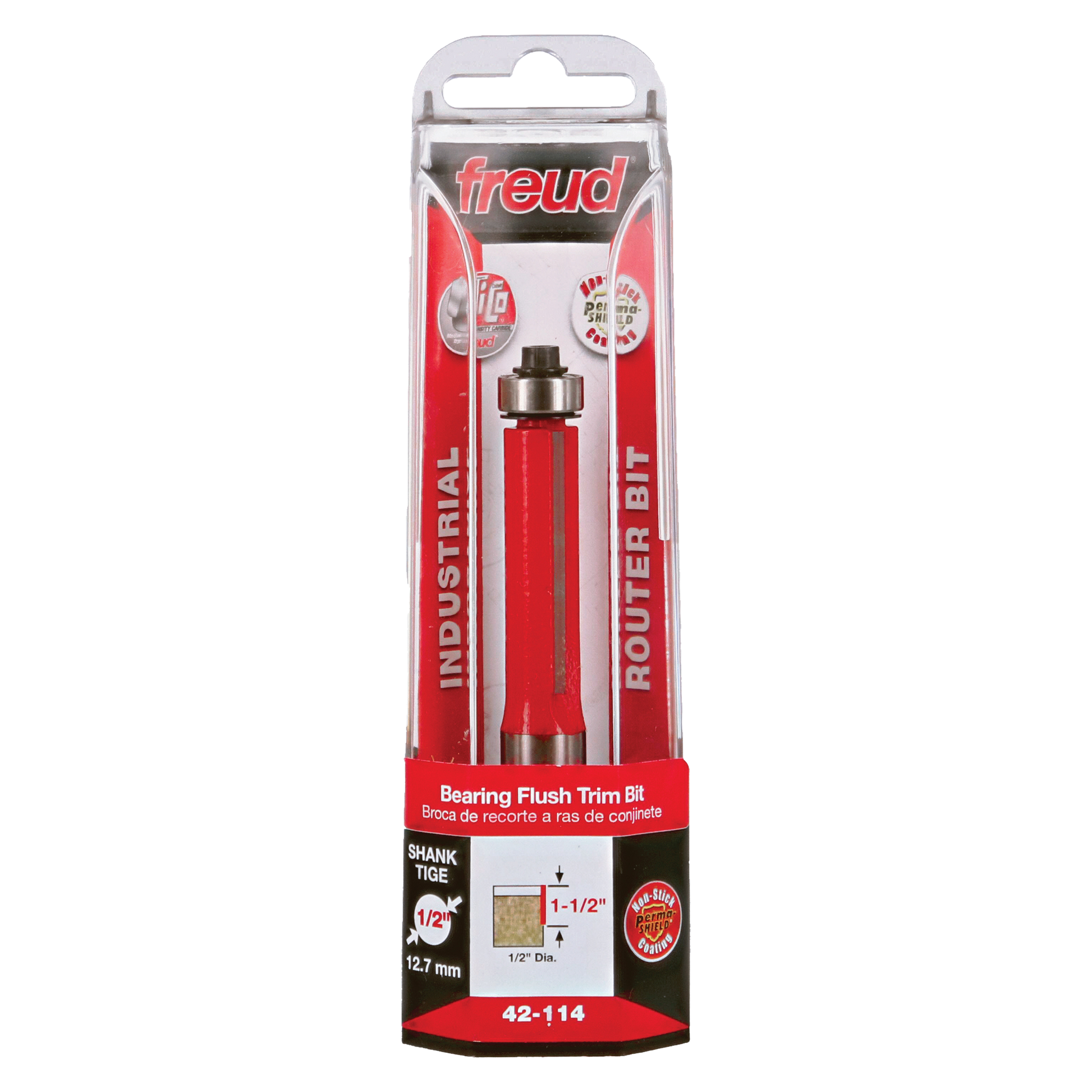 Freud bearing flush trim bit with red body, metal shank and bearing, displayed in clear plastic packaging.
