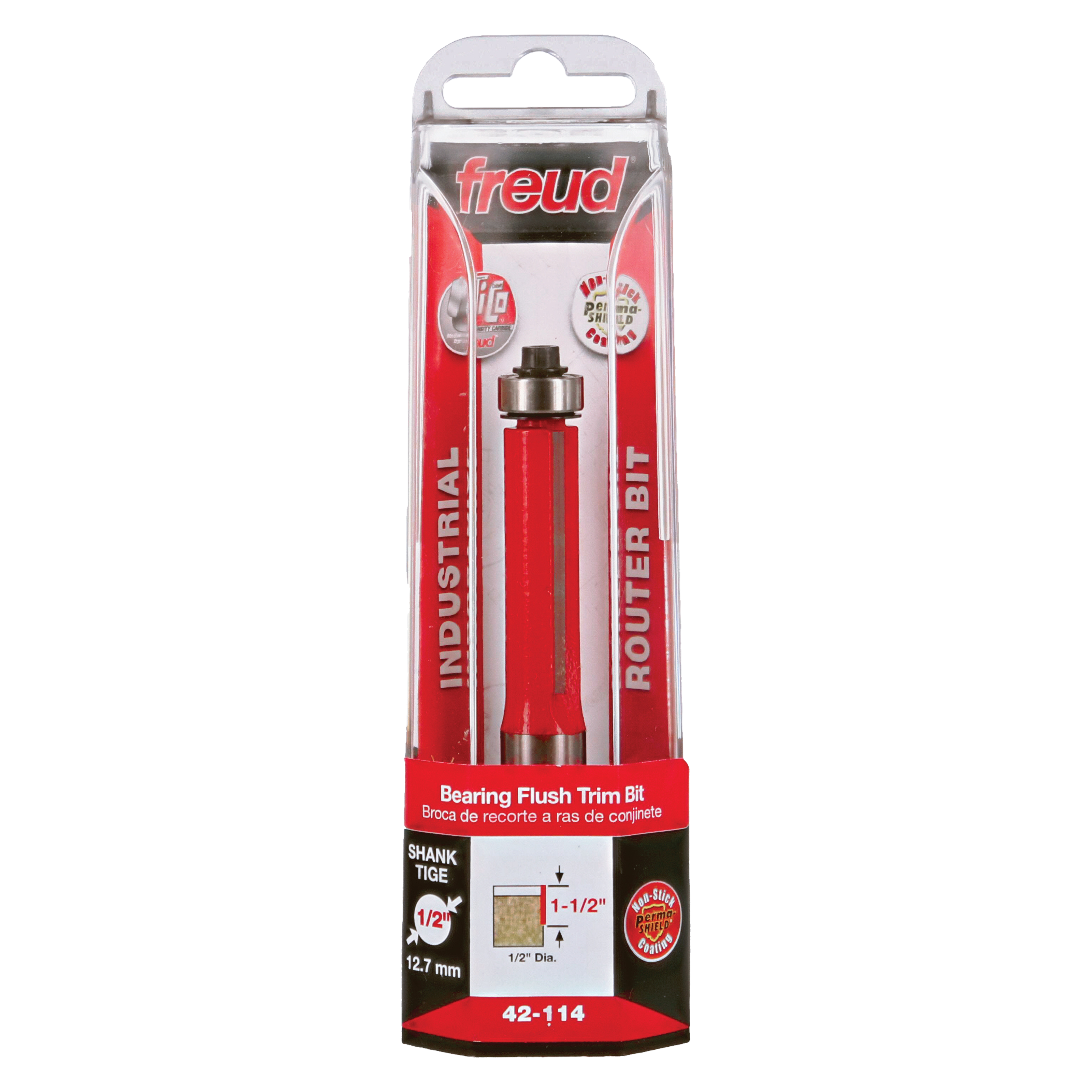 Freud bearing flush trim bit with red body, metal shank and bearing, displayed in clear plastic packaging.
