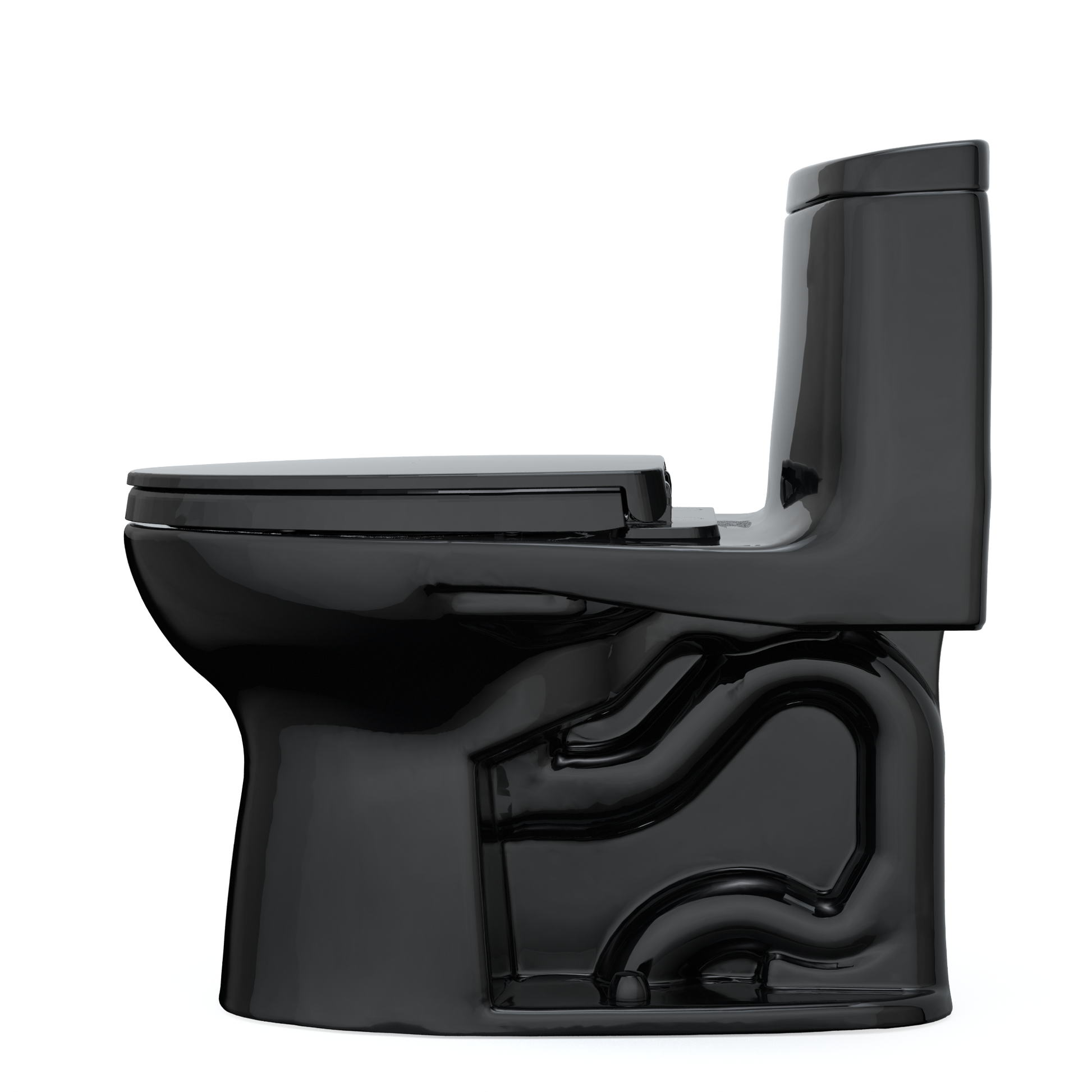 Ebony one-piece elongated toilet with soft-close seat and integrated tank, shown from angled side view.