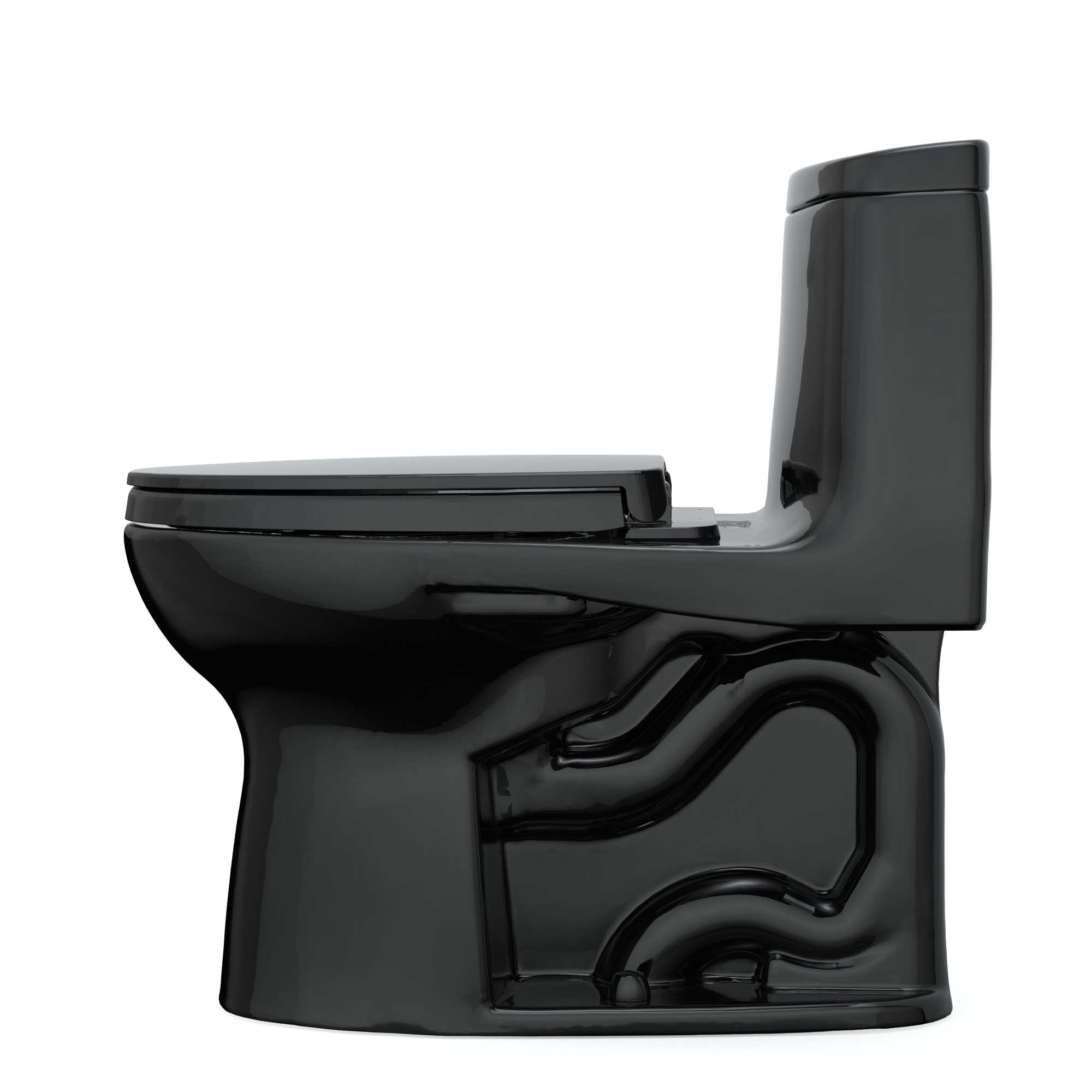 Ebony one-piece elongated toilet with soft-close seat and integrated tank, shown from angled side view.