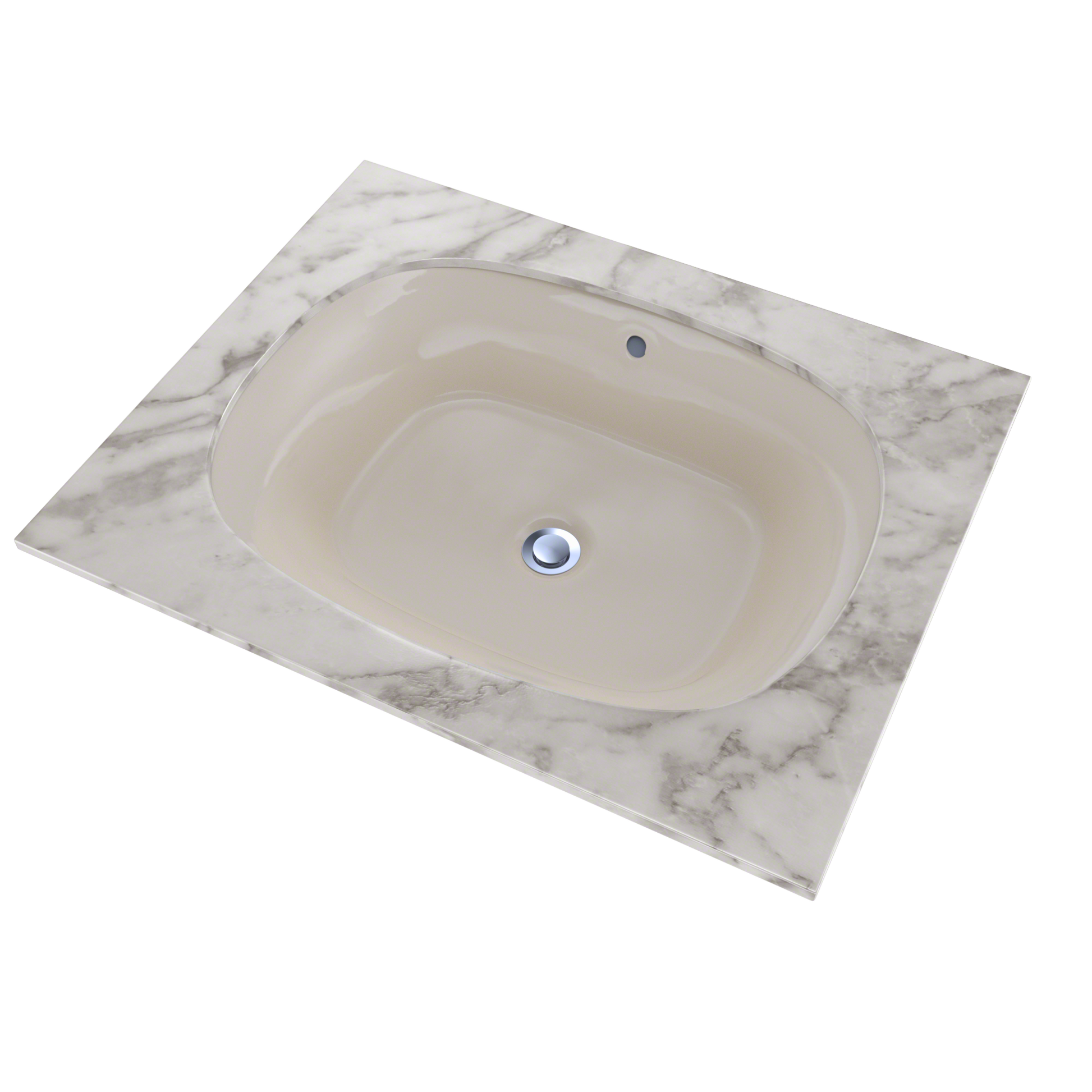 Oval undermount bathroom sink in sedona beige with chrome drain, set in marble countertop.