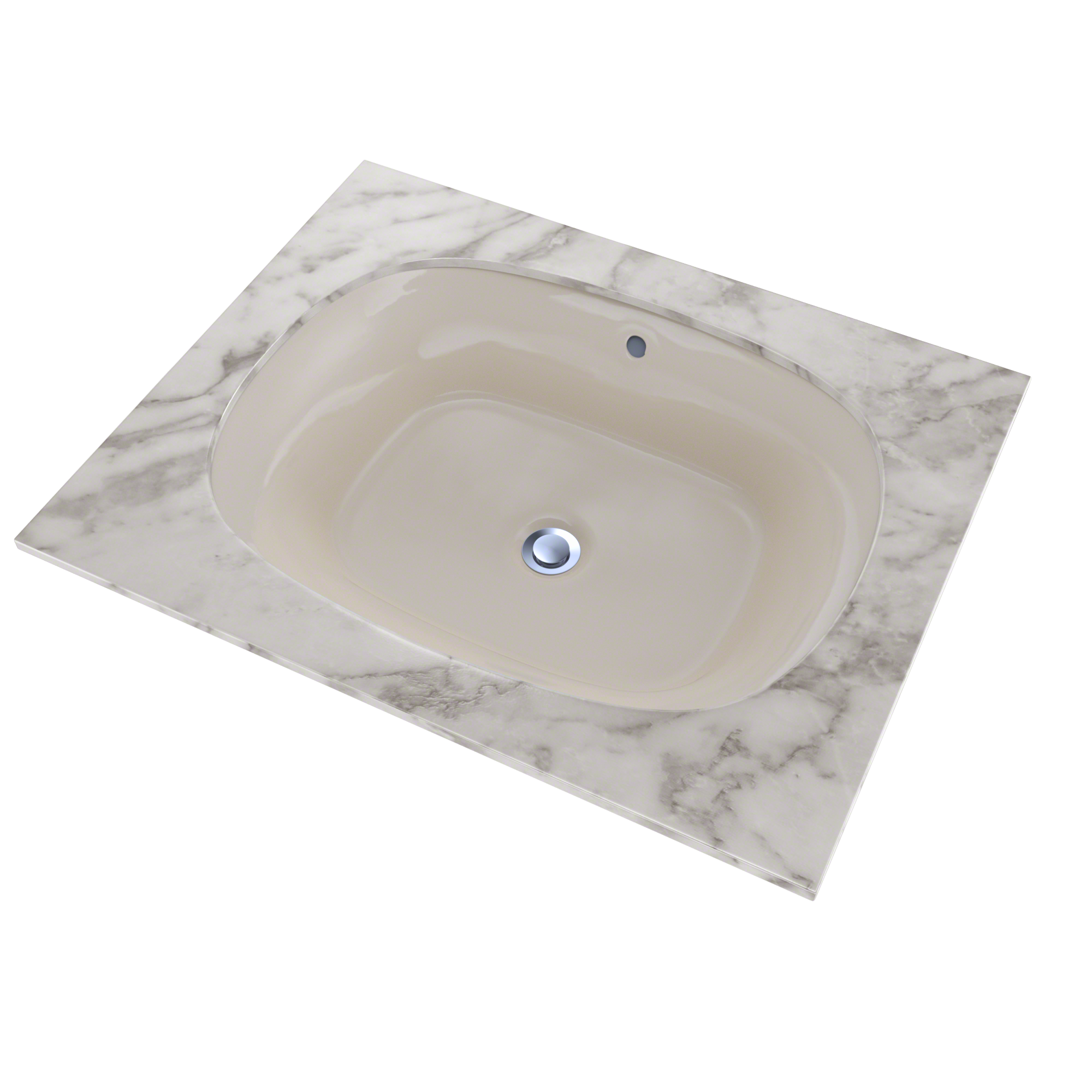 Oval undermount bathroom sink in sedona beige with chrome drain, set in marble countertop.