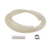 Translucent white vinyl tubing coil with connector barb and metal hose clamp.