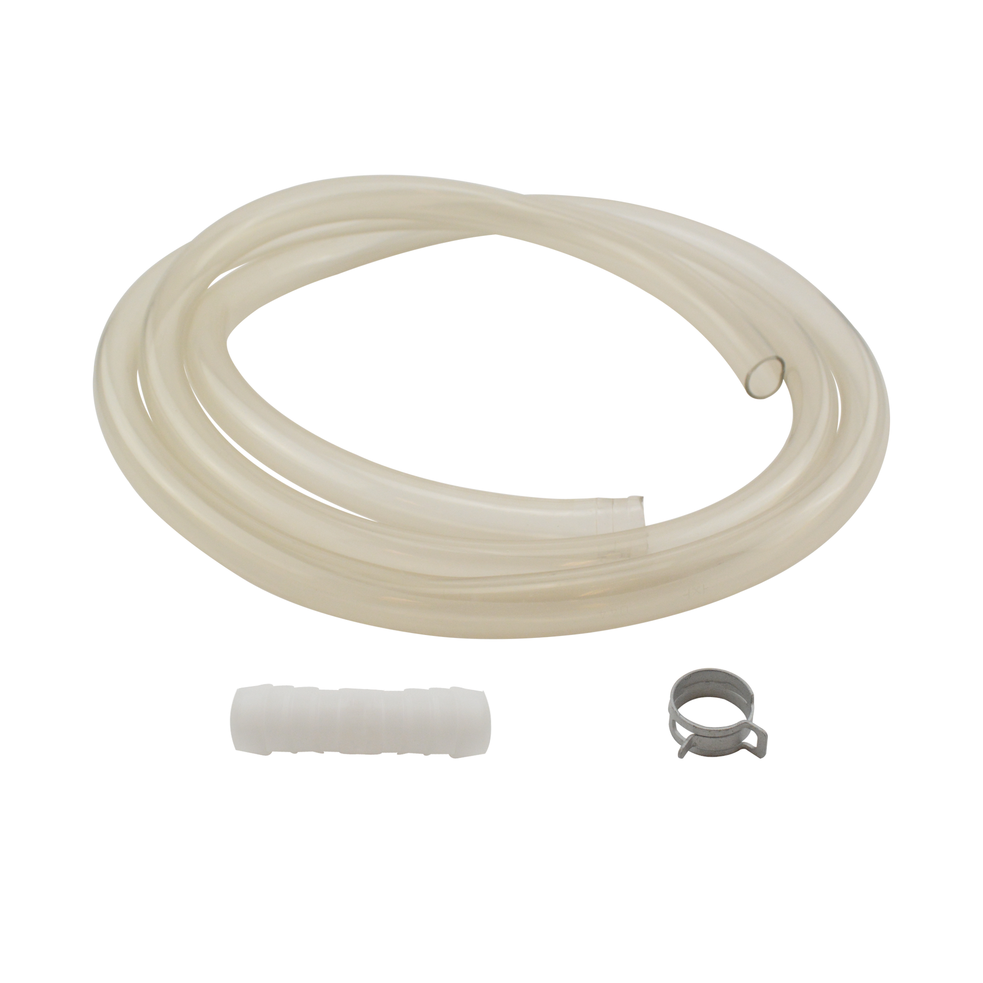 Translucent white vinyl tubing coil with connector barb and metal hose clamp.