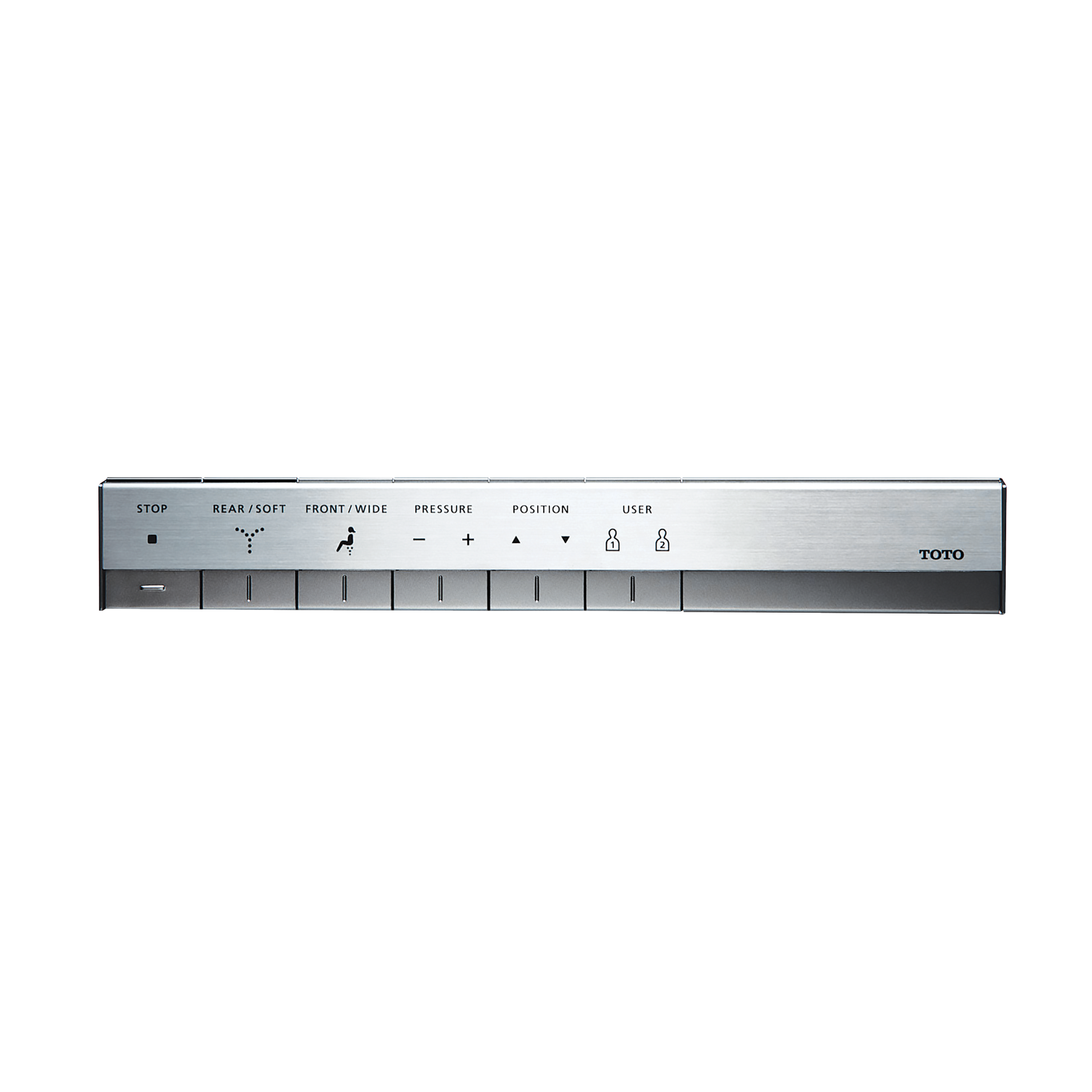 Toto Neorest remote control with silver brushed panel, labeled buttons for stop, rear/soft, front/wide, pressure, position, a