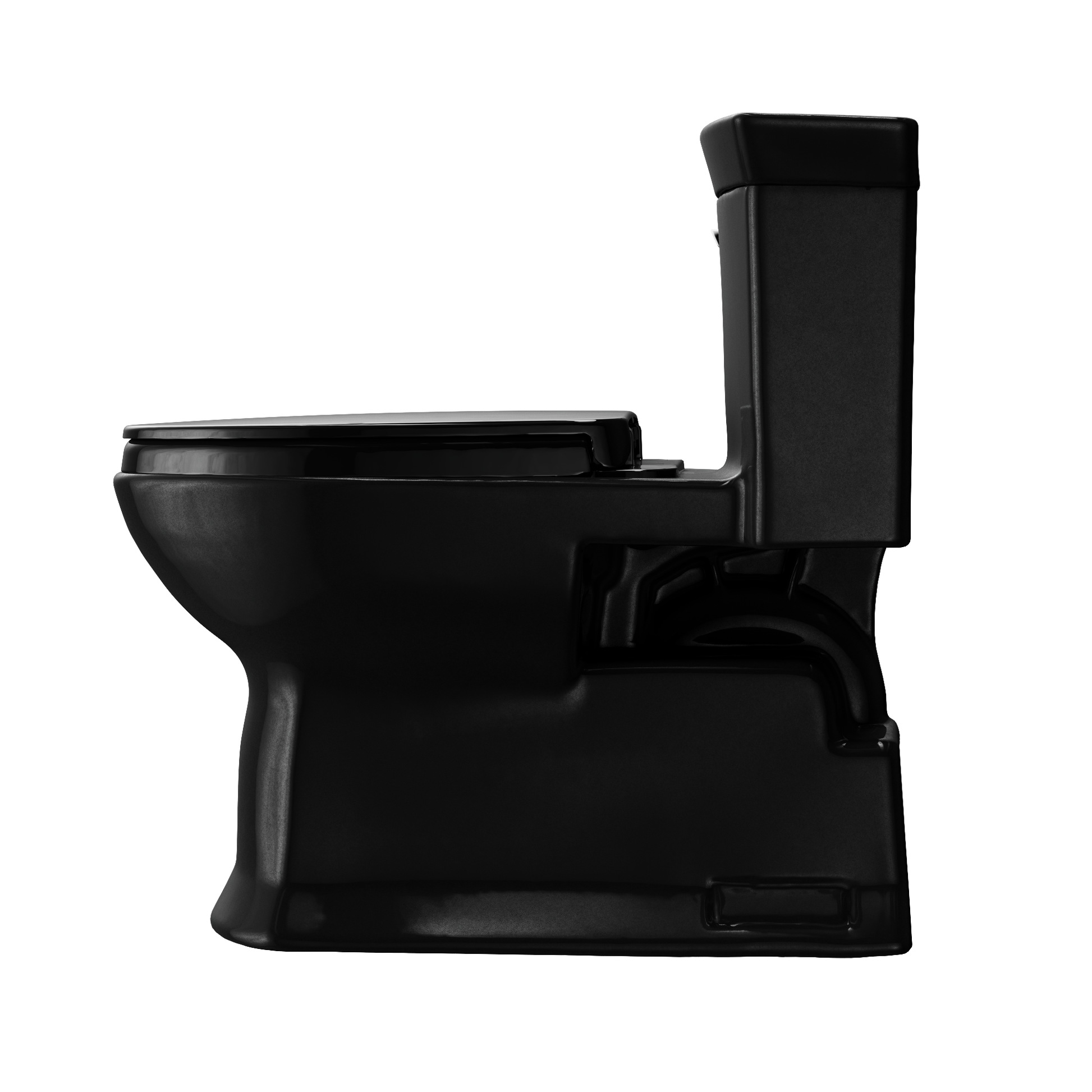 Black elongated one-piece toilet with soft-close seat and integrated tank viewed from the side angle.
