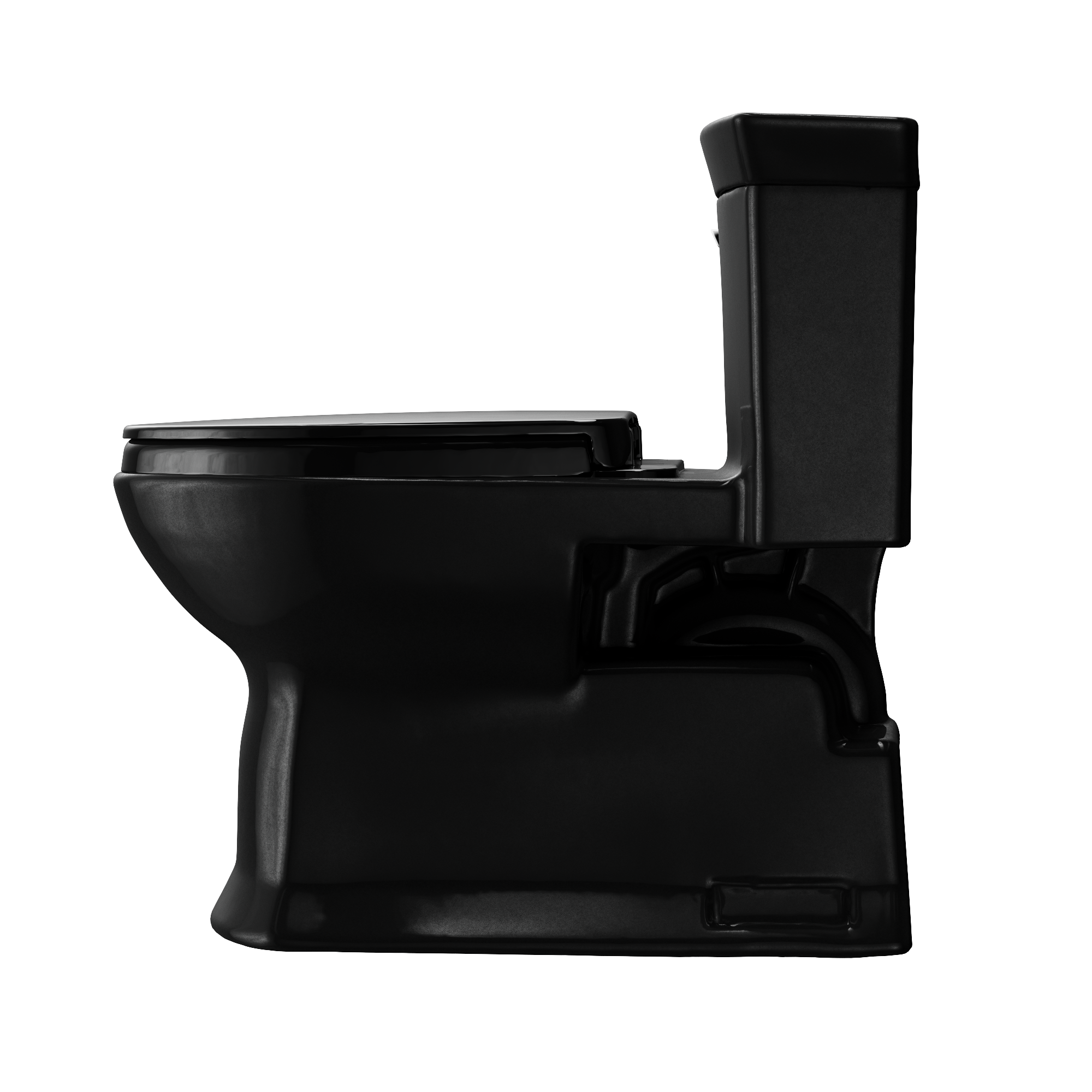 Black elongated one-piece toilet with soft-close seat and integrated tank viewed from the side angle.