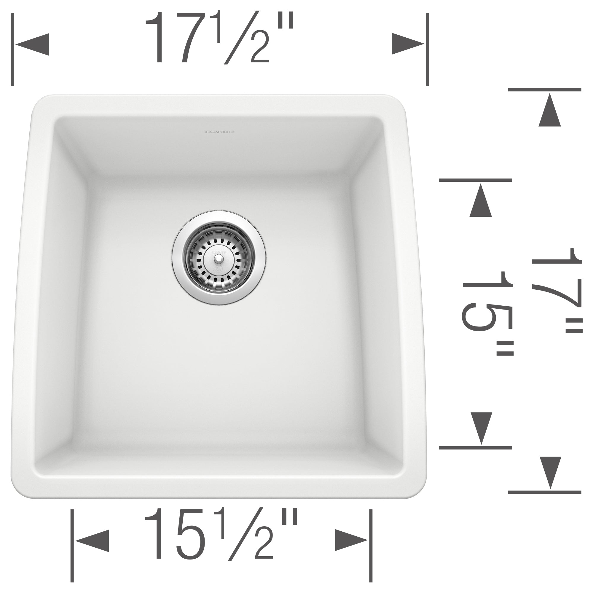 White undermount kitchen sink with single bowl, chrome drain basket, measuring 15.5" wide by 17.5" deep by 7.5" tall.