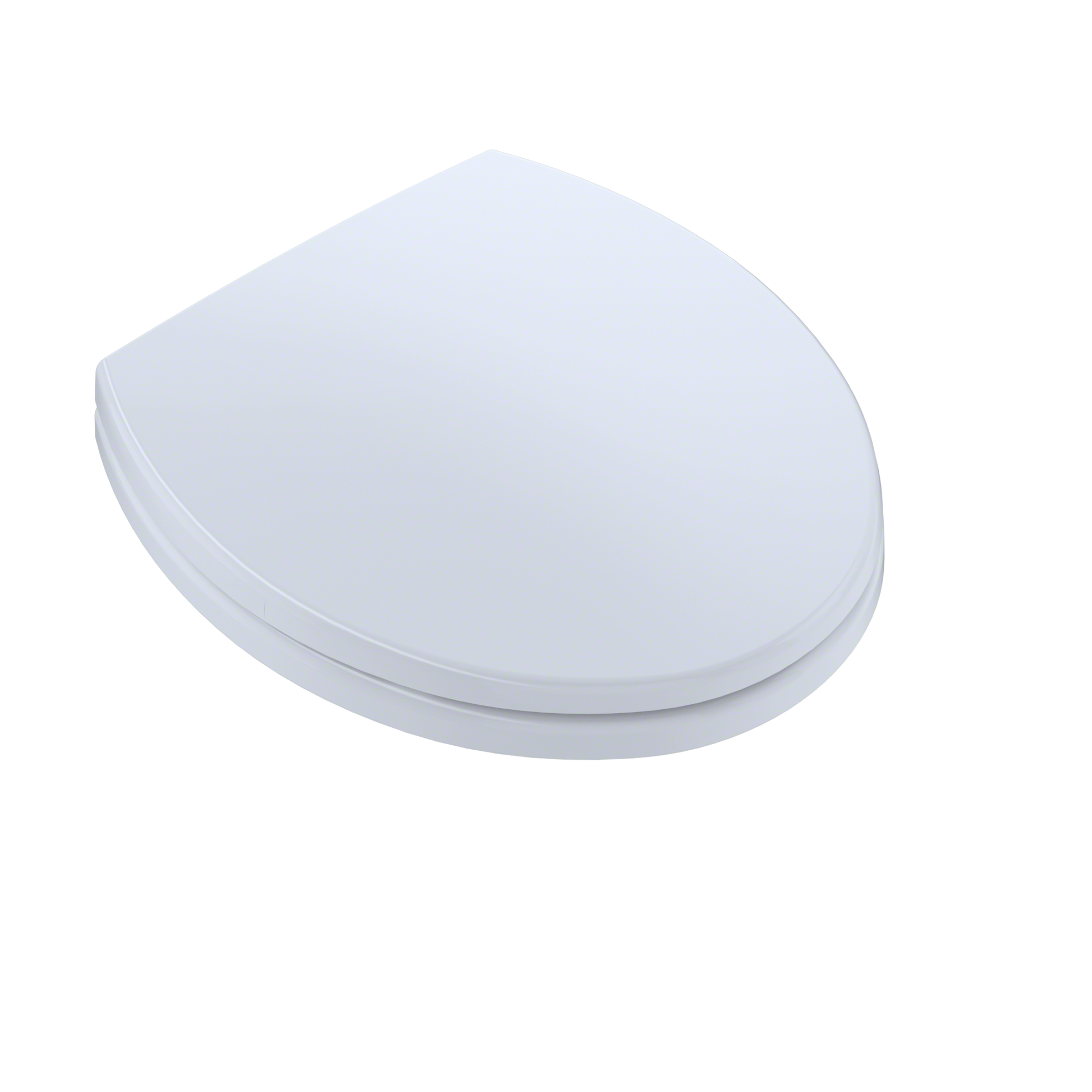 White round toilet seat and lid with soft-close mechanism shown at an angle.