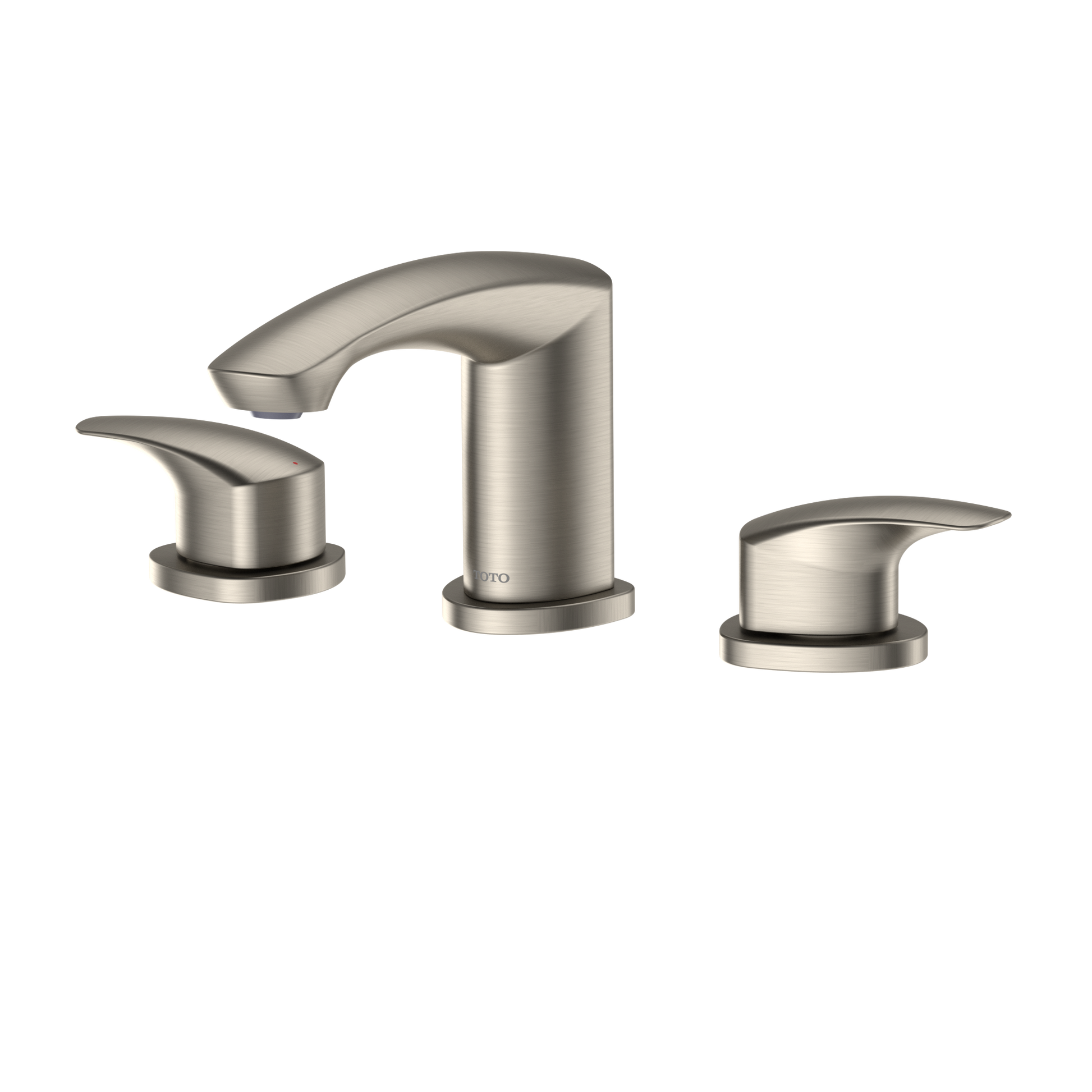 Brushed nickel two-handle widespread bathroom sink faucet with curved spout and lever handles.
