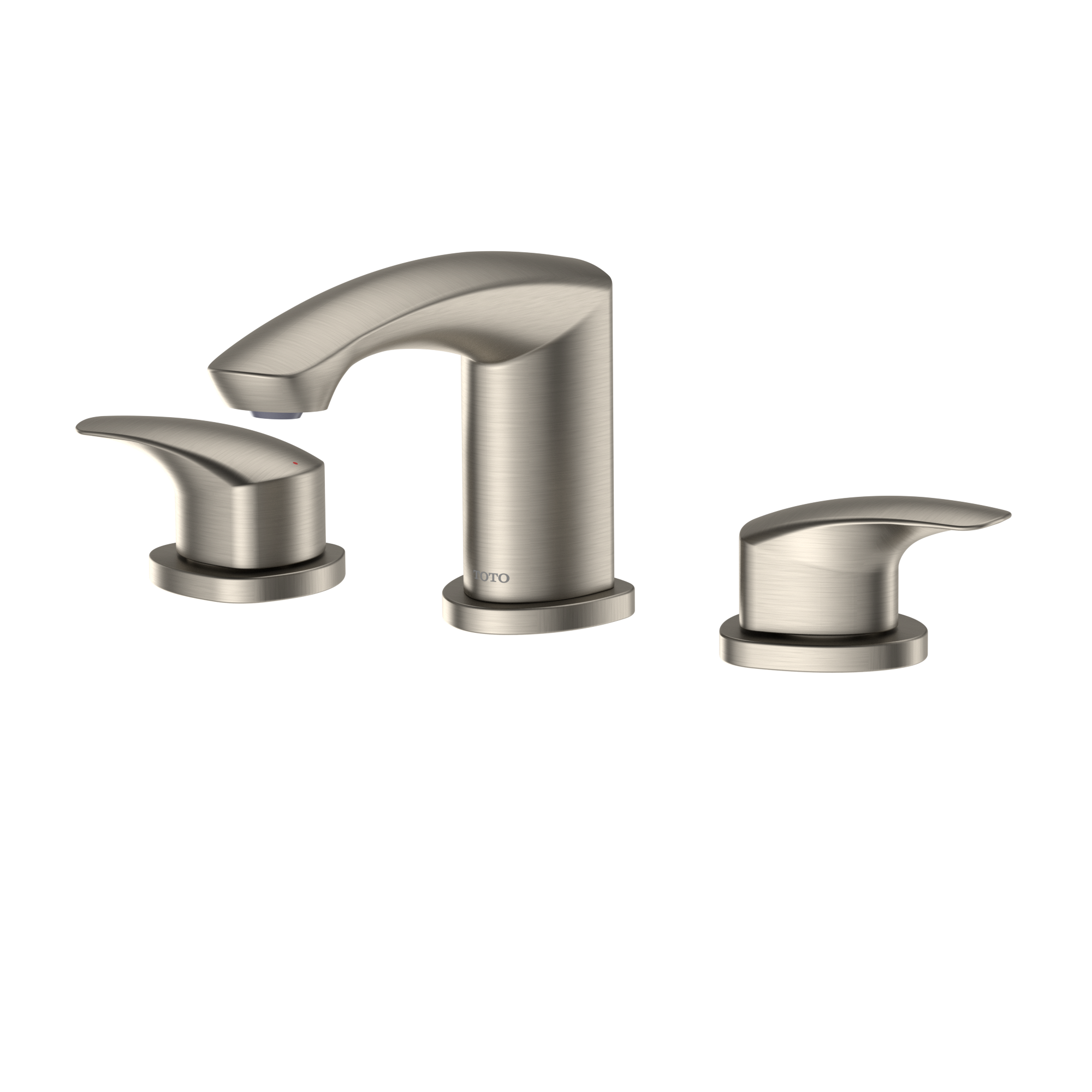 Brushed nickel two-handle widespread bathroom sink faucet with curved spout and lever handles.