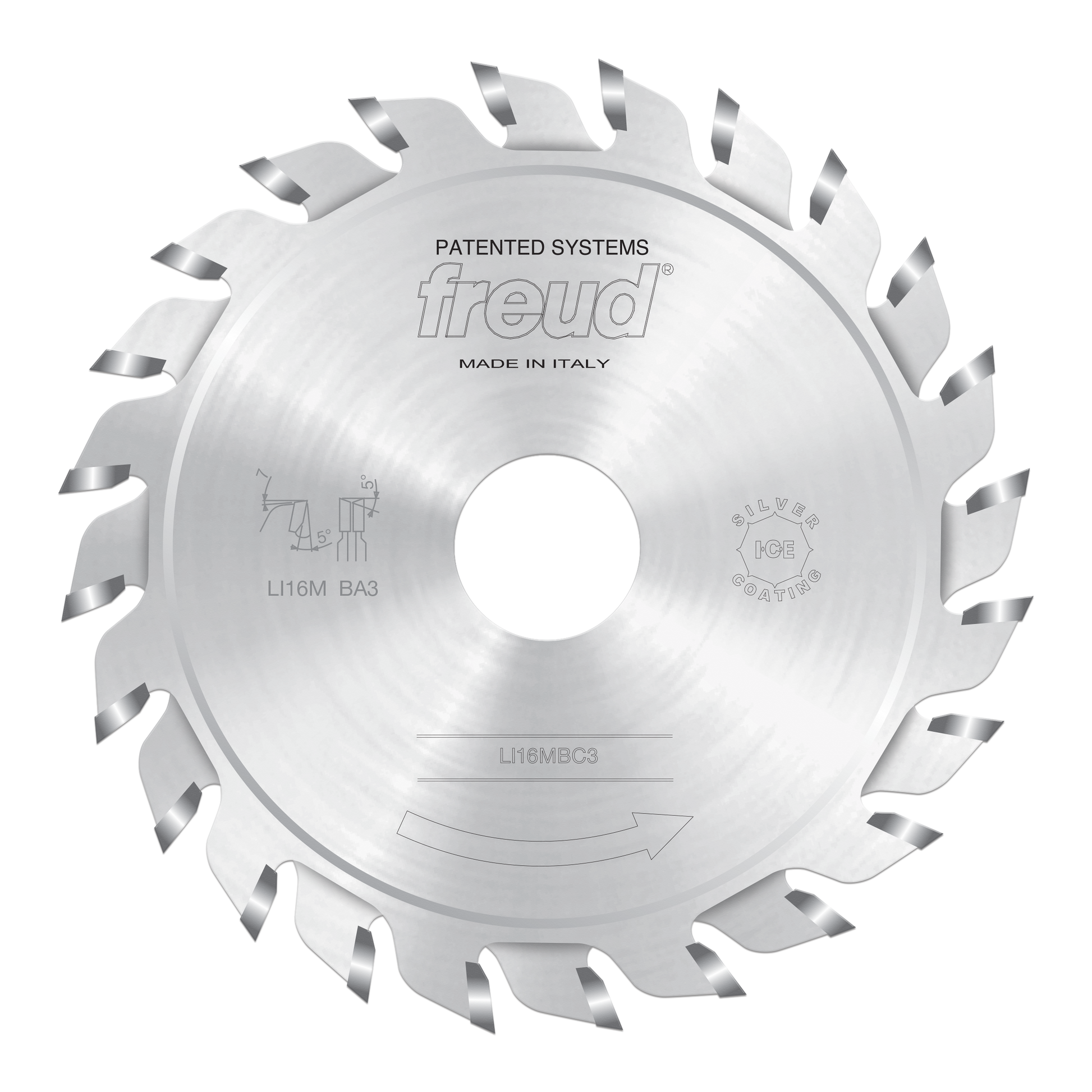 Freud circular saw blade with silver carbide teeth arranged around white center disc, labeled "LI16MBC3" and "Made in Italy."