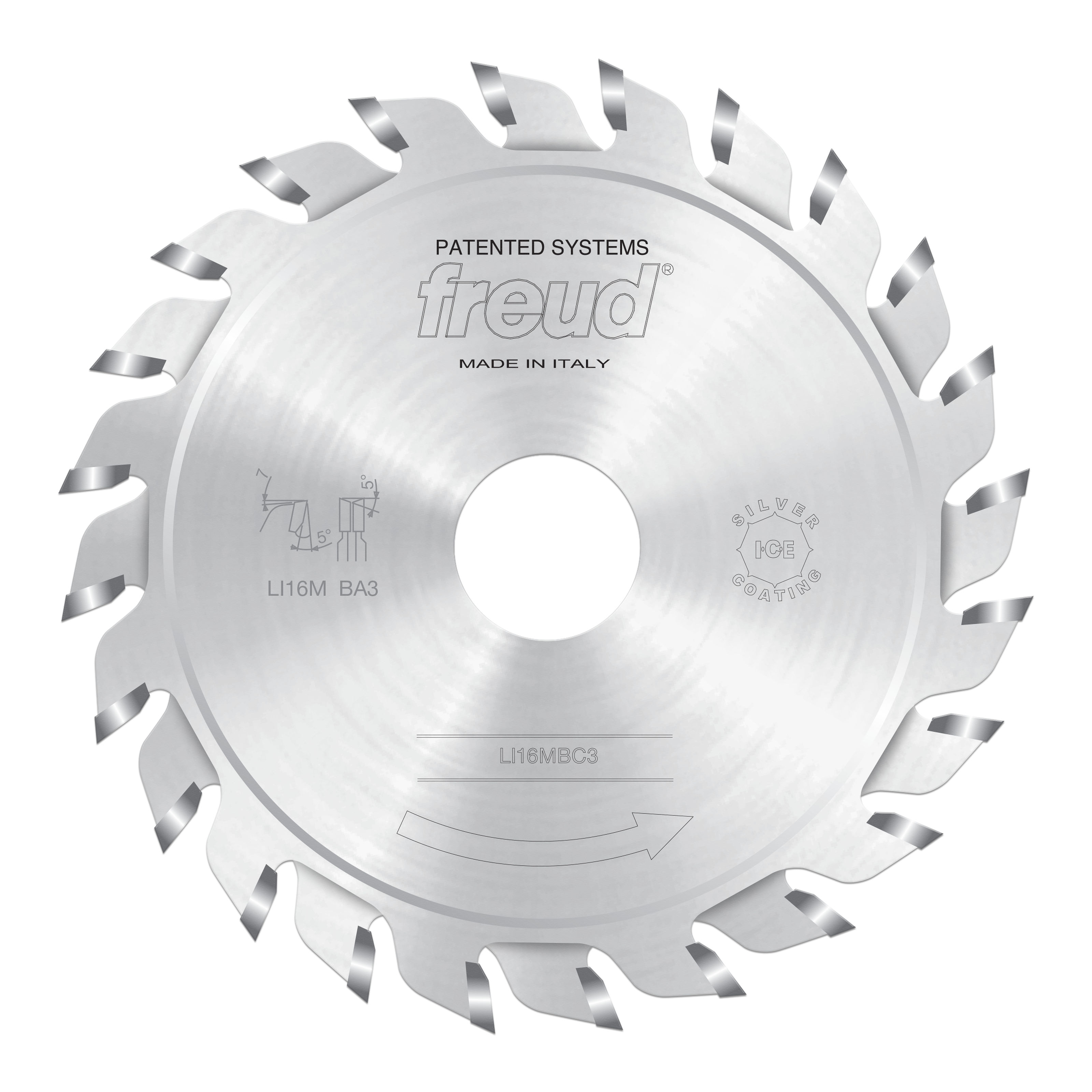 Freud circular saw blade with silver carbide teeth arranged around white center disc, labeled "LI16MBC3" and "Made in Italy."