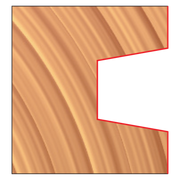 Wedge groove router bit with diagonal fluted cutting edges and red outline on wooden background.