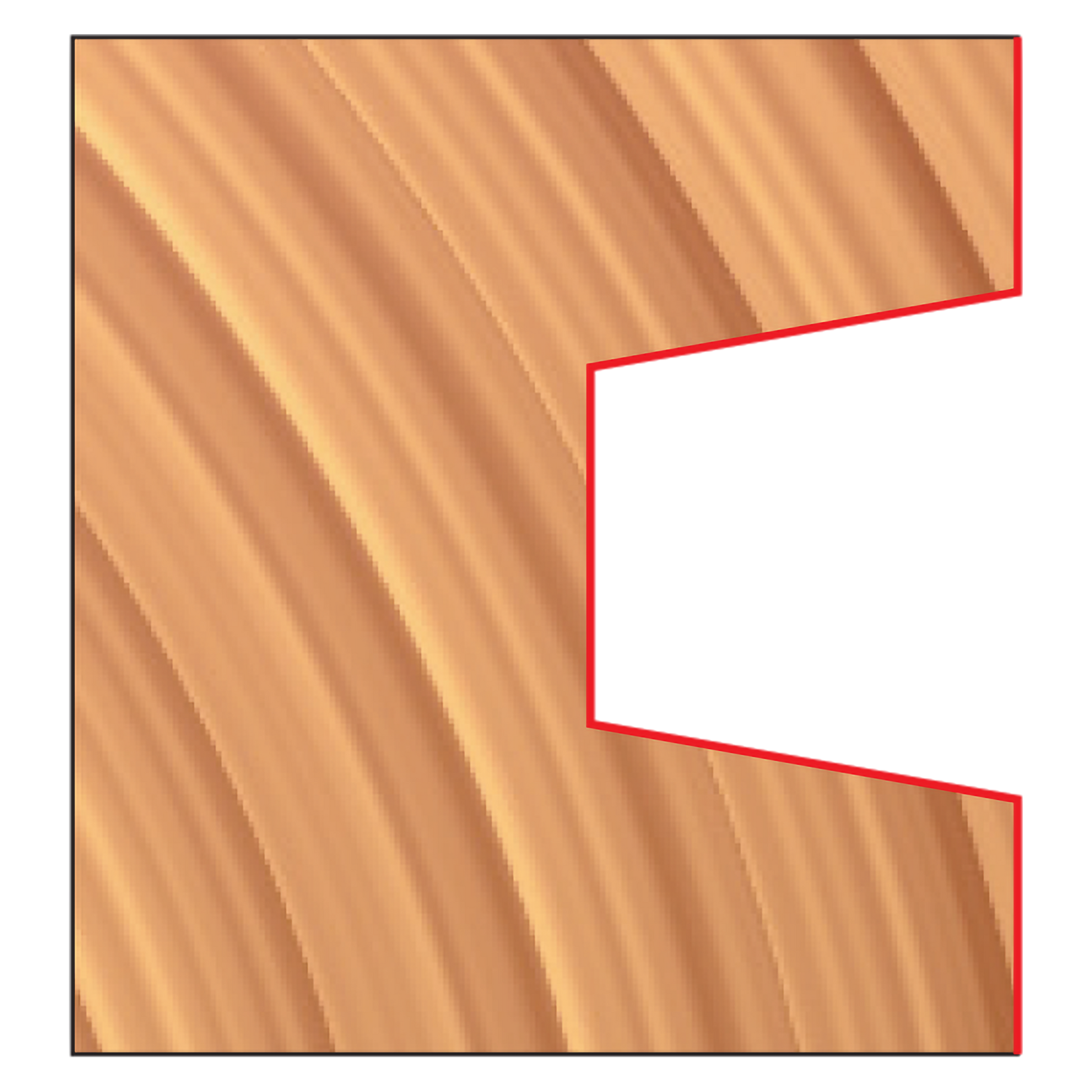 Wedge groove router bit with diagonal fluted cutting edges and red outline on wooden background.