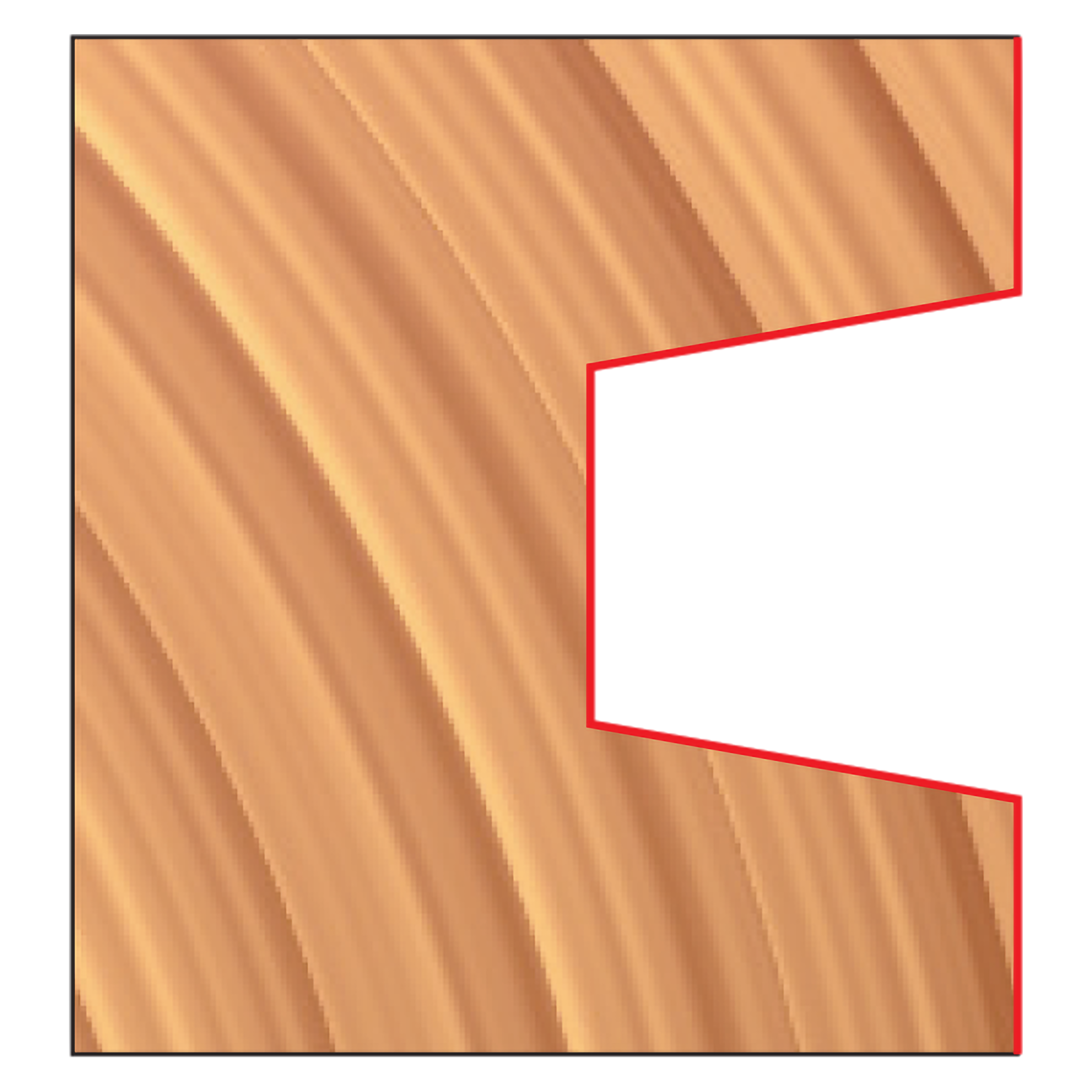 Wedge groove router bit with diagonal fluted cutting edges and red outline on wooden background.