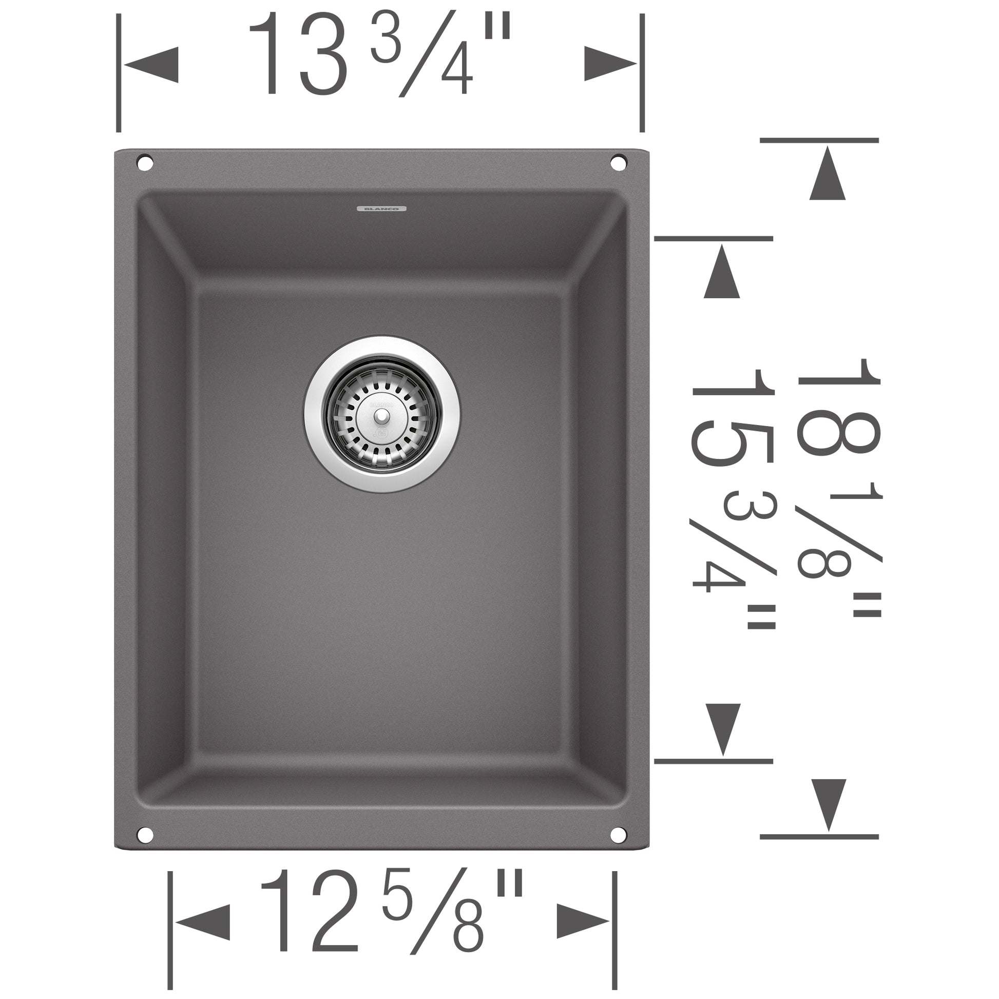 Cinder gray undermount kitchen sink with single basin, strainer basket, and dimension measurements labeled.