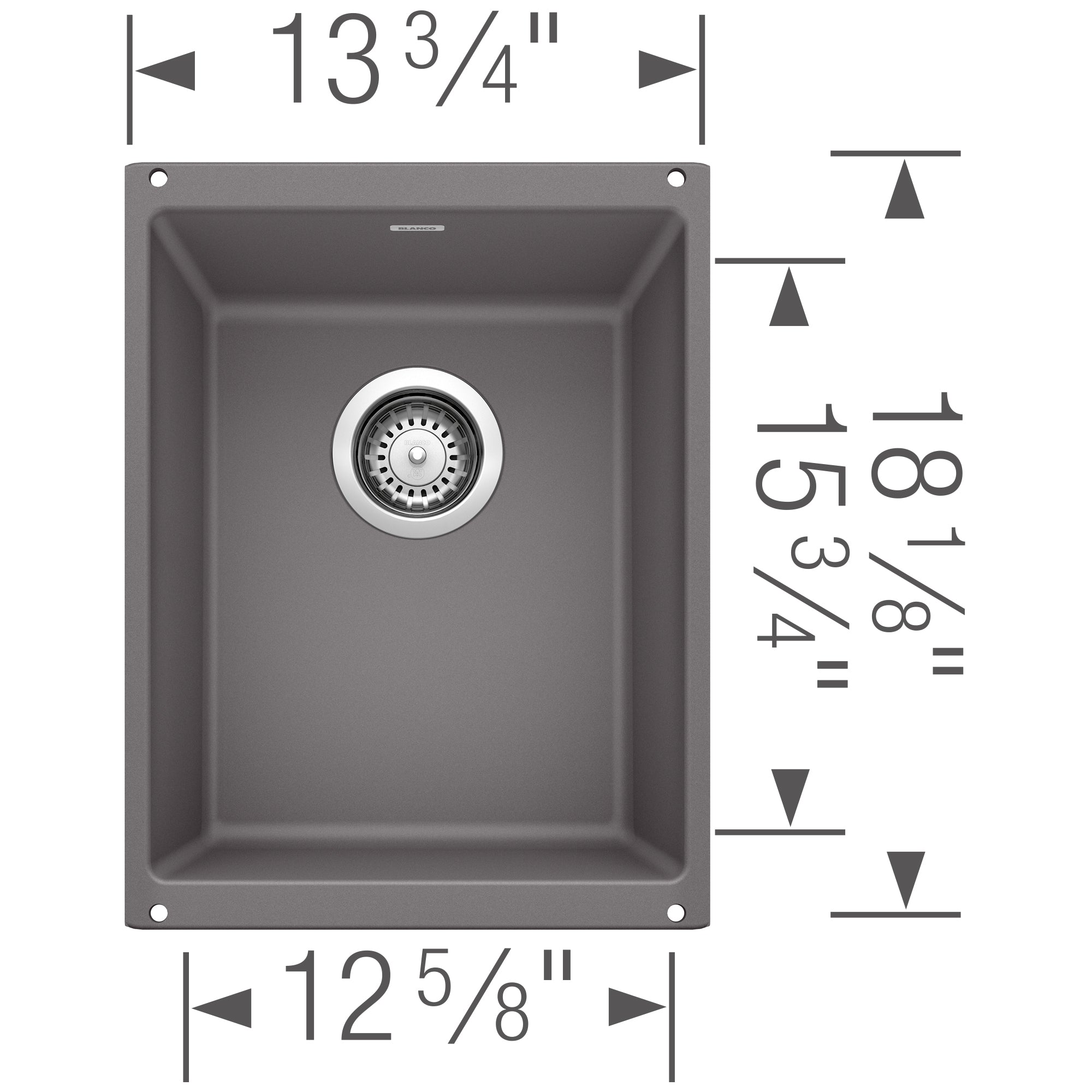 Cinder gray undermount kitchen sink with single basin, strainer basket, and dimension measurements labeled.