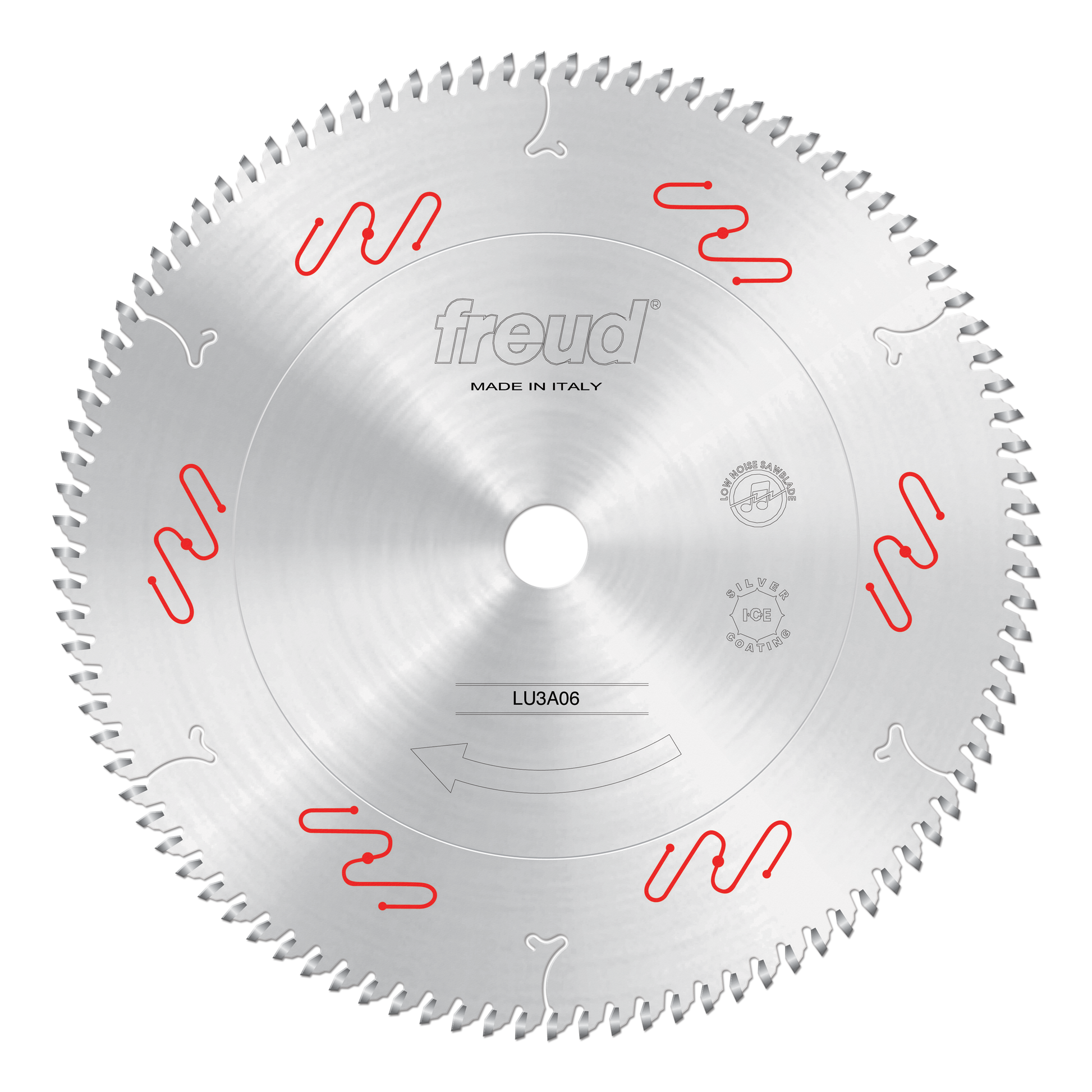 Freud LU3A06 300mm circular saw blade with multiple carbide teeth around edge and red markings on silver face.