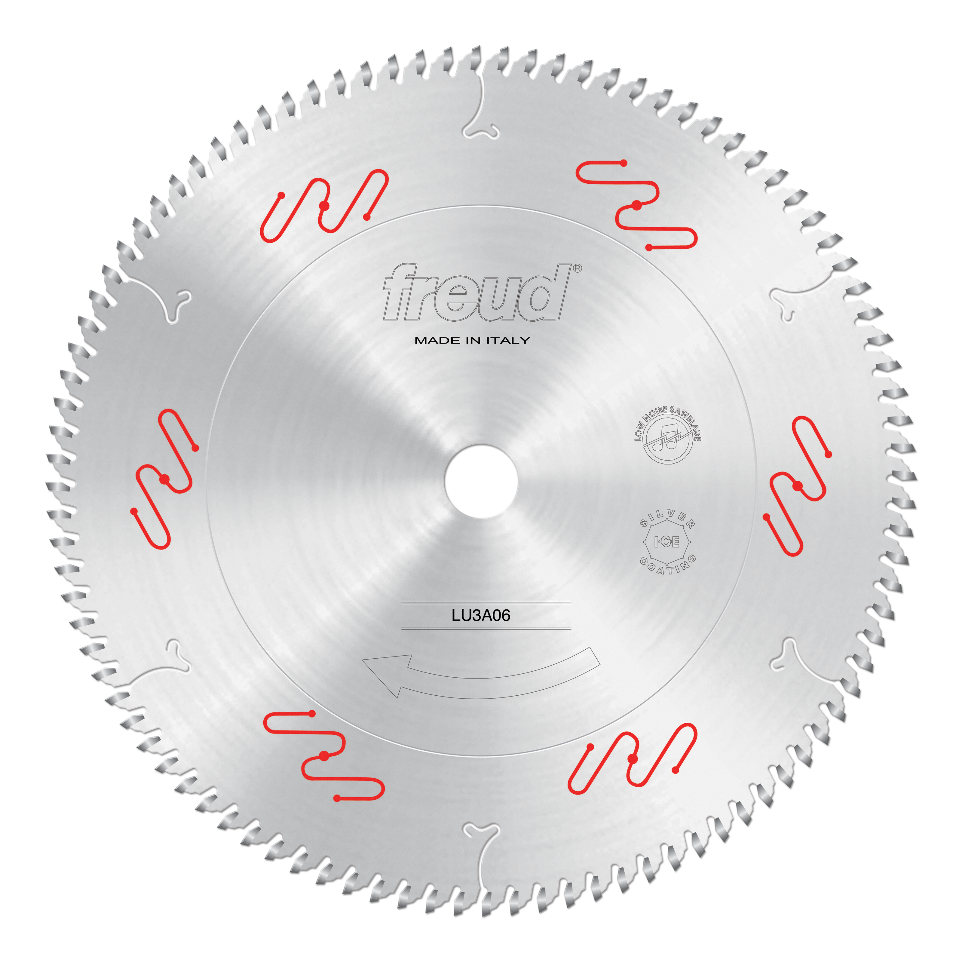 Freud LU3A06 300mm circular saw blade with multiple carbide teeth around edge and red markings on silver face.