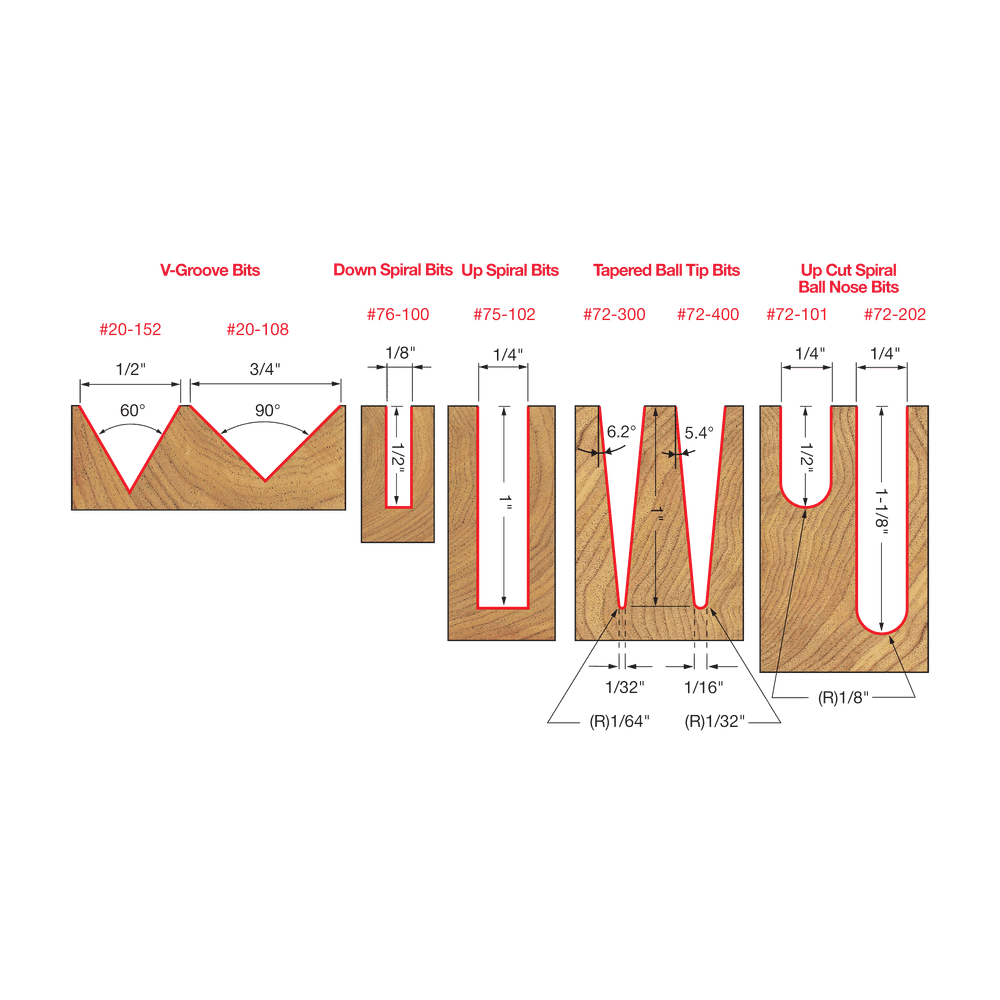 Eight CNC router bits showing V-groove, spiral, tapered ball tip, and up cut spiral ball nose profiles with labeled dimension