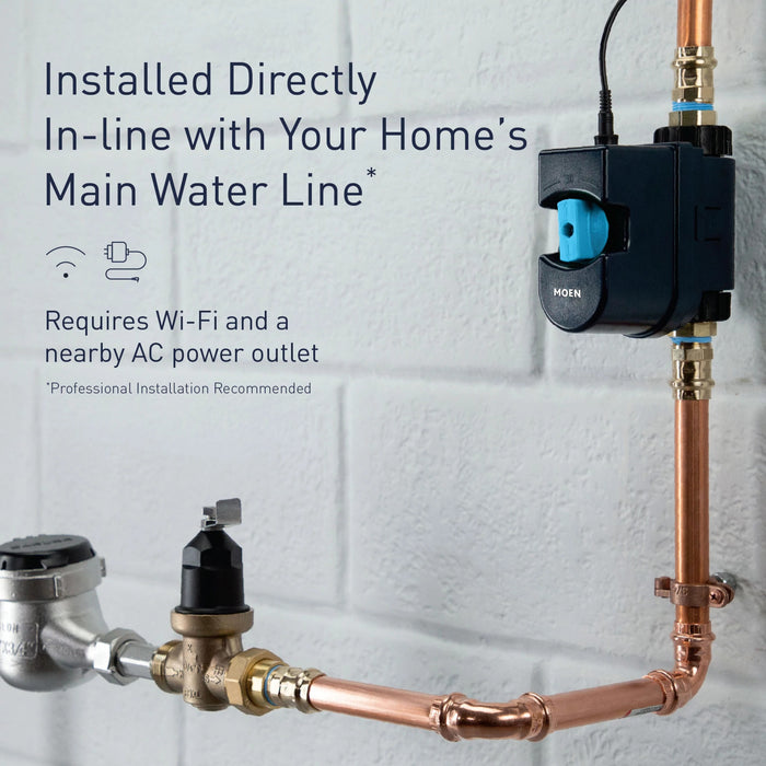 Moen Flo 1 smart water monitor attached to copper main water line with brass shutoff valve and sensor components visible.