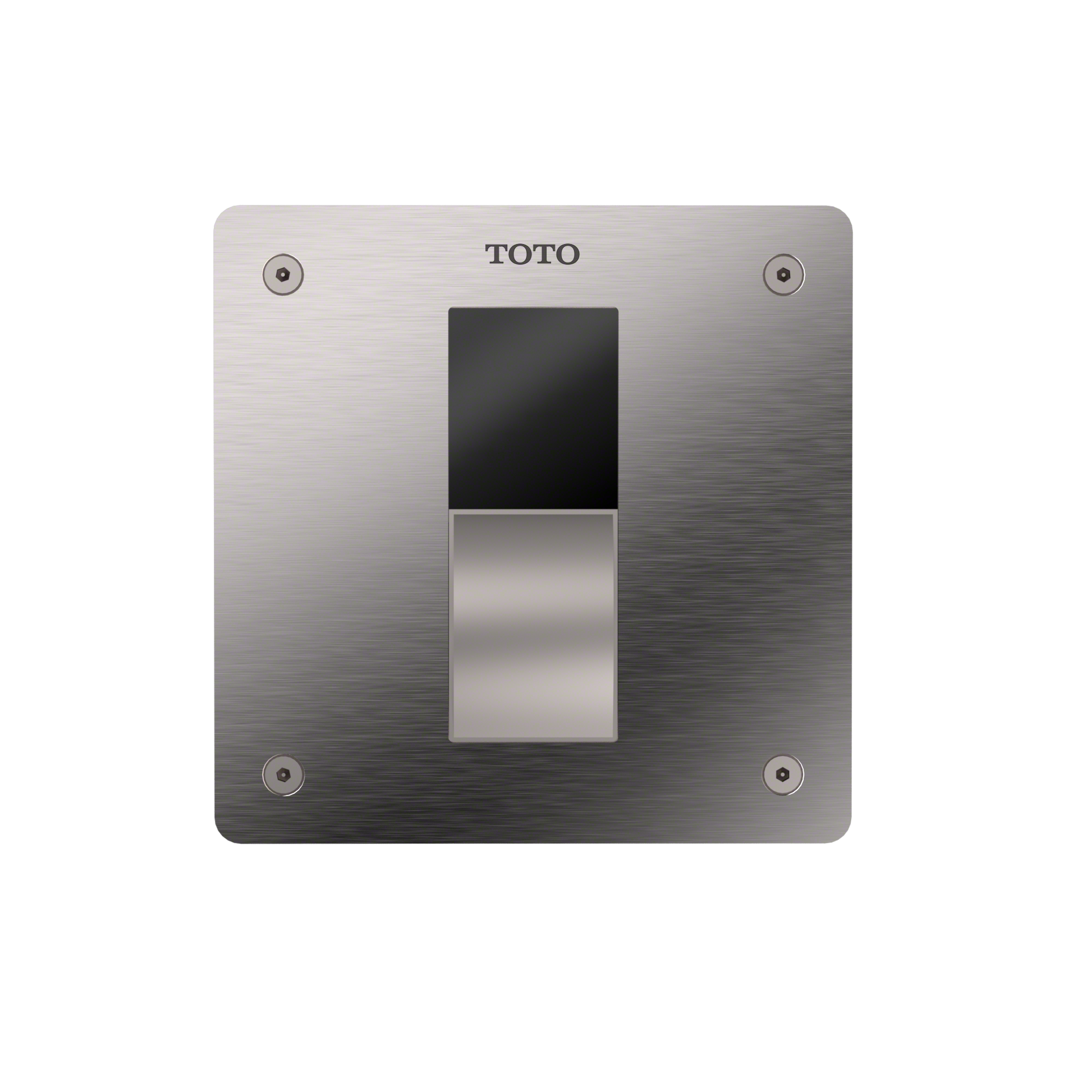 Polished chrome square cover plate with "TOTO" text, sensor window, and four mounting holes.