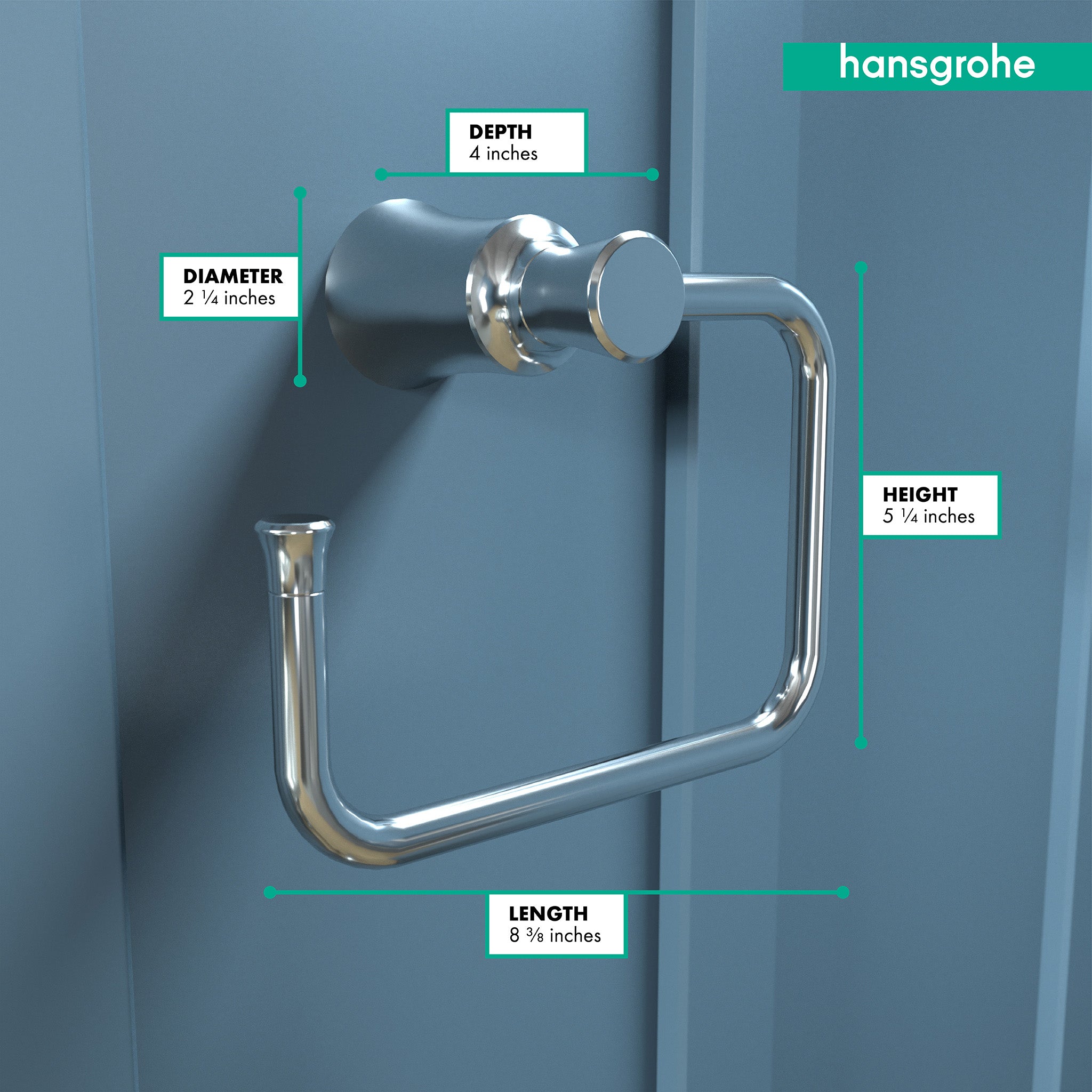 Chrome towel ring with curved rectangular shape mounted on wall, with dimensions labeled.