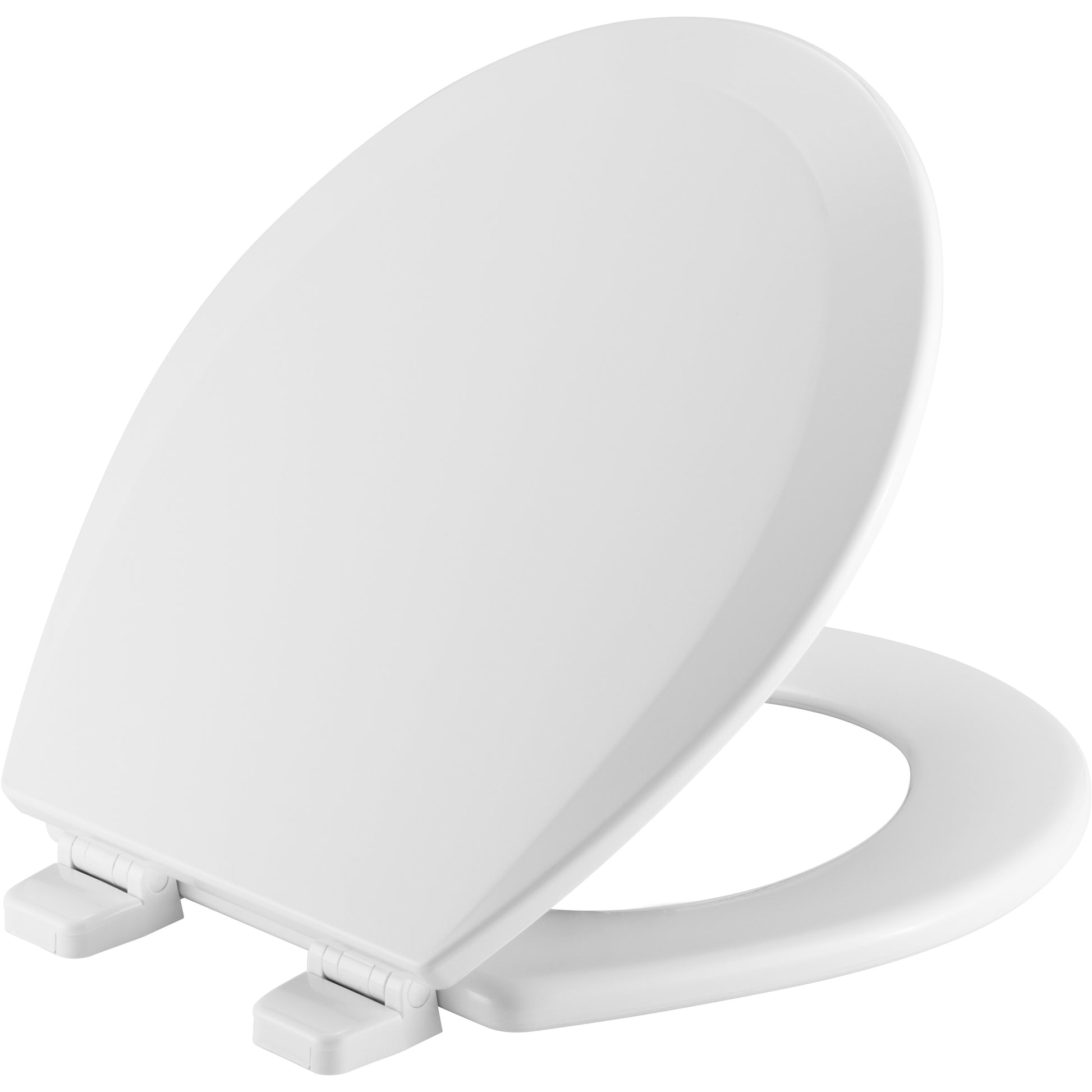 White round toilet seat with enameled wood construction and adjustable hinges.