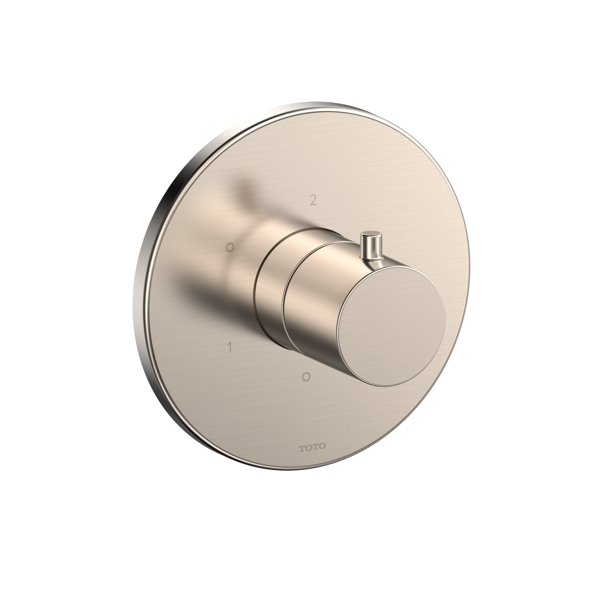 Brushed nickel round diverter valve trim with cylindrical handle and numbered position settings 0, 1, and 2.