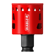 Red diamond grit hole saw with Diablo branding and black hexagonal shank attached.